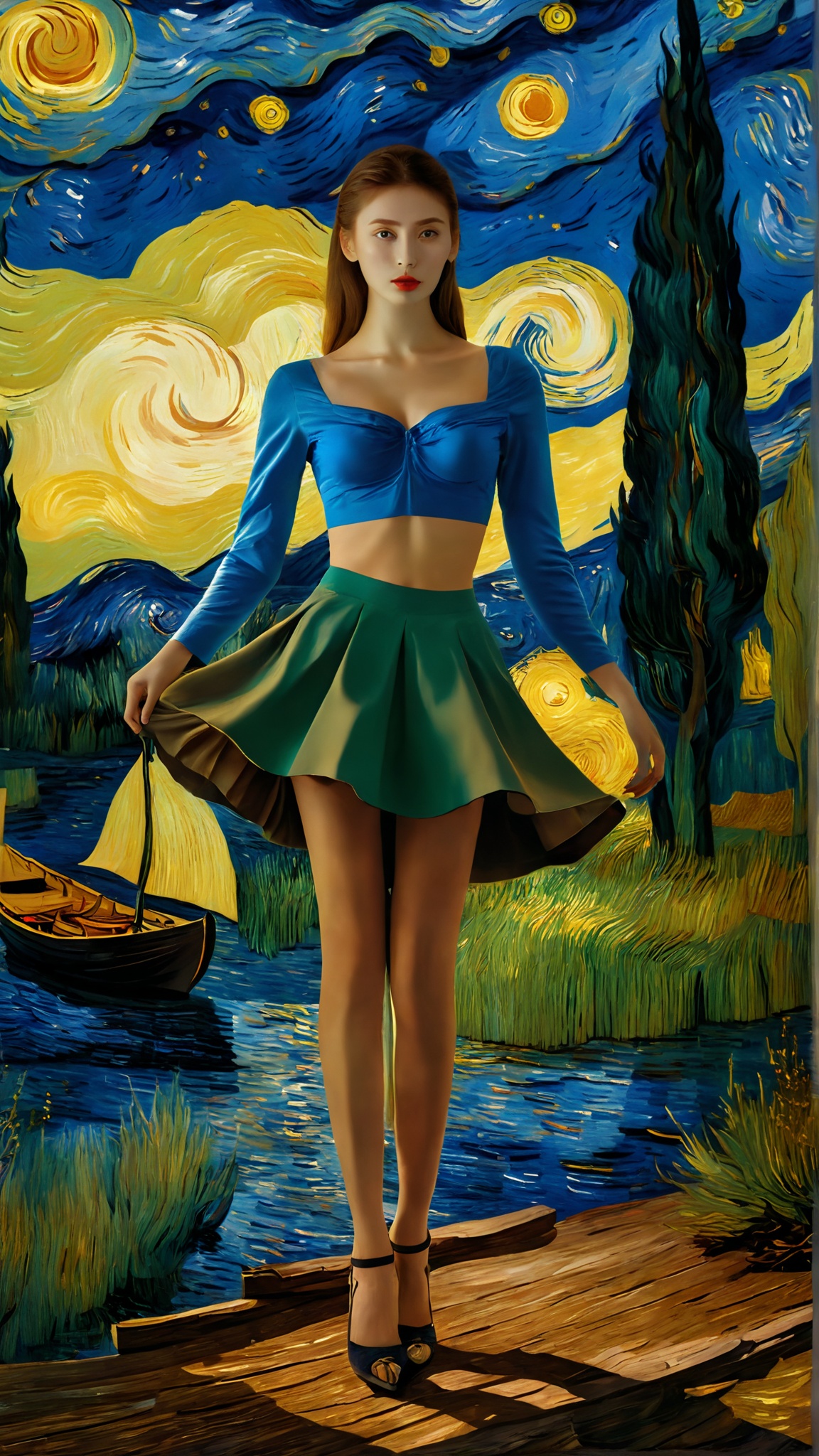 jistarrynight,van Gogh,A model girl wearing Short skirts and bras stood by the lake,light and shadow,full body,boat,tree,<lora:lora:1>,