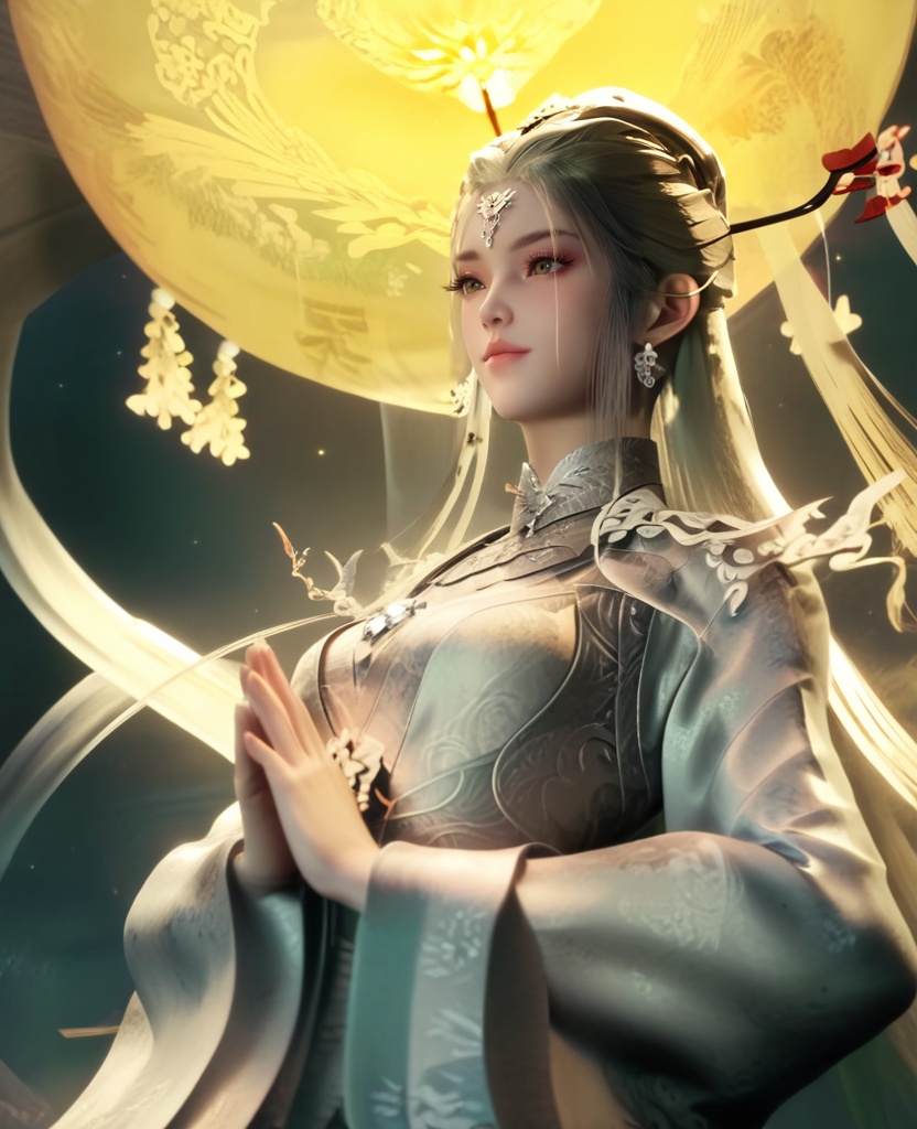 (oriental architecture, elegant decor, sophisticated style:1.1),(own hands together:1.1),(breasts:1.2),<lora:XL16牧神记神女关白骨神女:1.05>,miss shennv,solo,white gown with floral print,forehead jewelry,white hair,very long hair,traditional chinese updo with long cascading hair,hair ornament,wide flowing sleeves,sash,, score_9,score_8_up,score_7_up,score_6_up,score_5_up,score_4_up,3d rendering,tag1,tag2, Cinematic Lighting,backlighting,