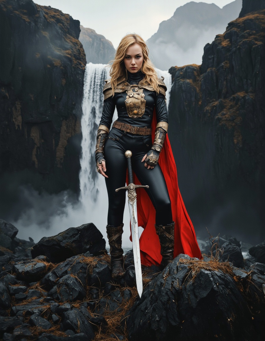 By Phandigrams. A photo-realistic shoot from a frontal camera angle about a woman standing confidently in a dramatic lands...
