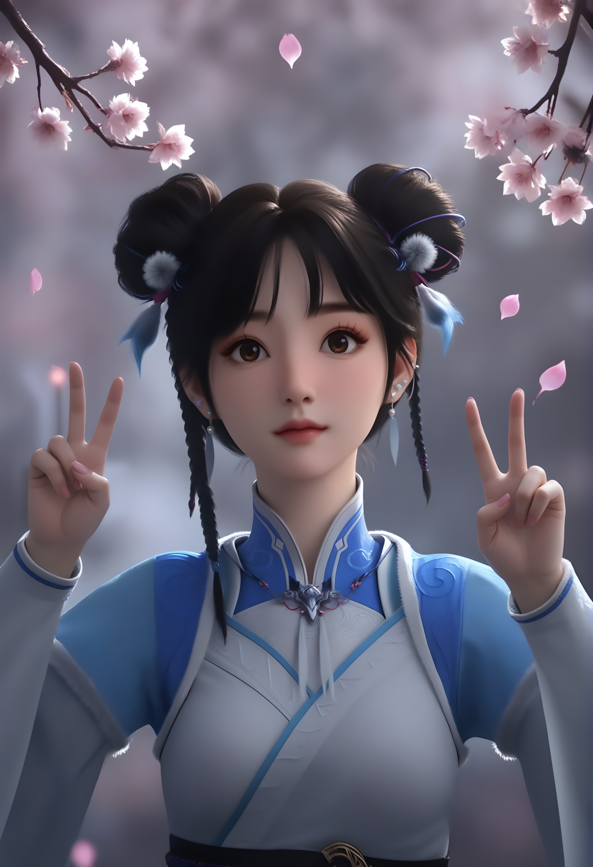 (score_9),1girl,solo,<lora:宁小龄pony:0.8>,black hair,braid,hair ornament,double bun,brown eyes,earrings,high collar,looking at viewer,front view,(double v:1.1),BREAKdepth of field,Volumetric Lighting,Tyndall effect,Cinematic Lighting,twig,branch,falling petals,