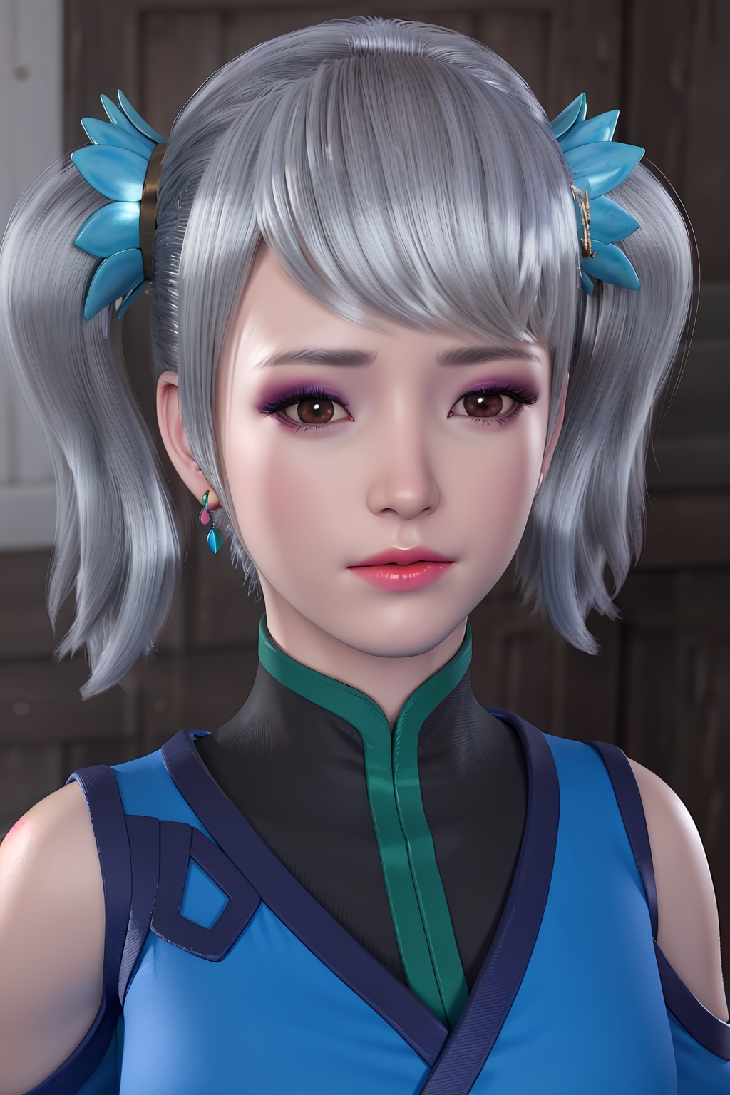 3D,masterpiece,(best quality),(makeup),official art, extremely detailed cg 8k wallpaper,((crystalstexture skin)), (extremely delicate and beautiful),(highly detailed),(face),(double_ponytail),(collar),(1girl), (solo), (jewelry), (earrings),(white_hair),(long_hair),(hair_ornament),(handwear),(sleeve),(breast),((portrait)),(dress),(chinese_clothes),(multicolored_clothes),(multicolored_dress),,(shiny_clothes),(closed_mouth),(room,bed),((looking_at_viewer)),((Facing the camera)),, <lora:hipoly3DModelLora_v10:0.3>