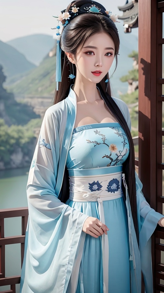 A girl,light Blue and blue Chinese style dress,Hanfu,standing,outdoors,lake,,<lora:6c07c8e4207af3fe355d79d061576f8de75cbdbd7086b75cfd27e11794a543db:0.7>