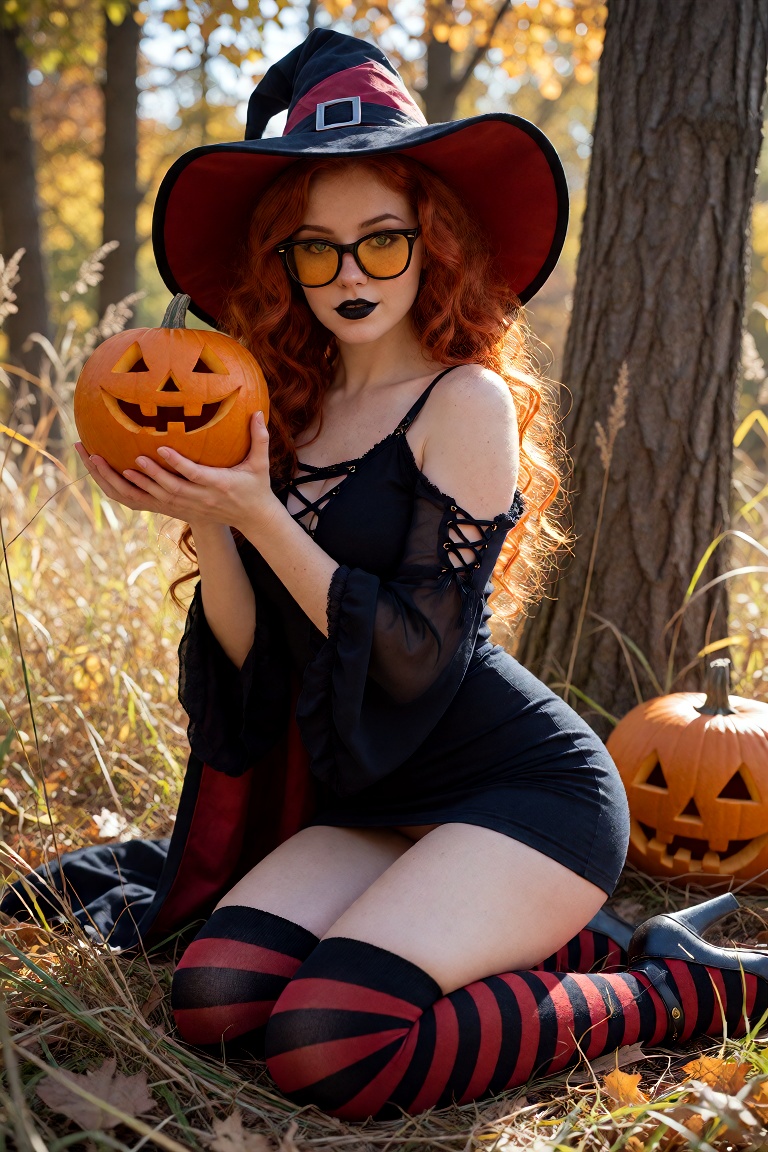 A young Caucasian woman with long,  flowing fiery red curly hair cascading over her shoulders and down her back,  wearing...