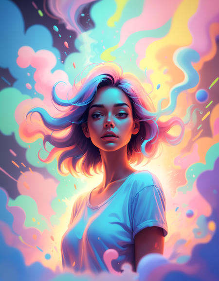 soft pastel colors,  cartoon style illustration of a woman as she sees the world while experiencing hallucinations,  stone...