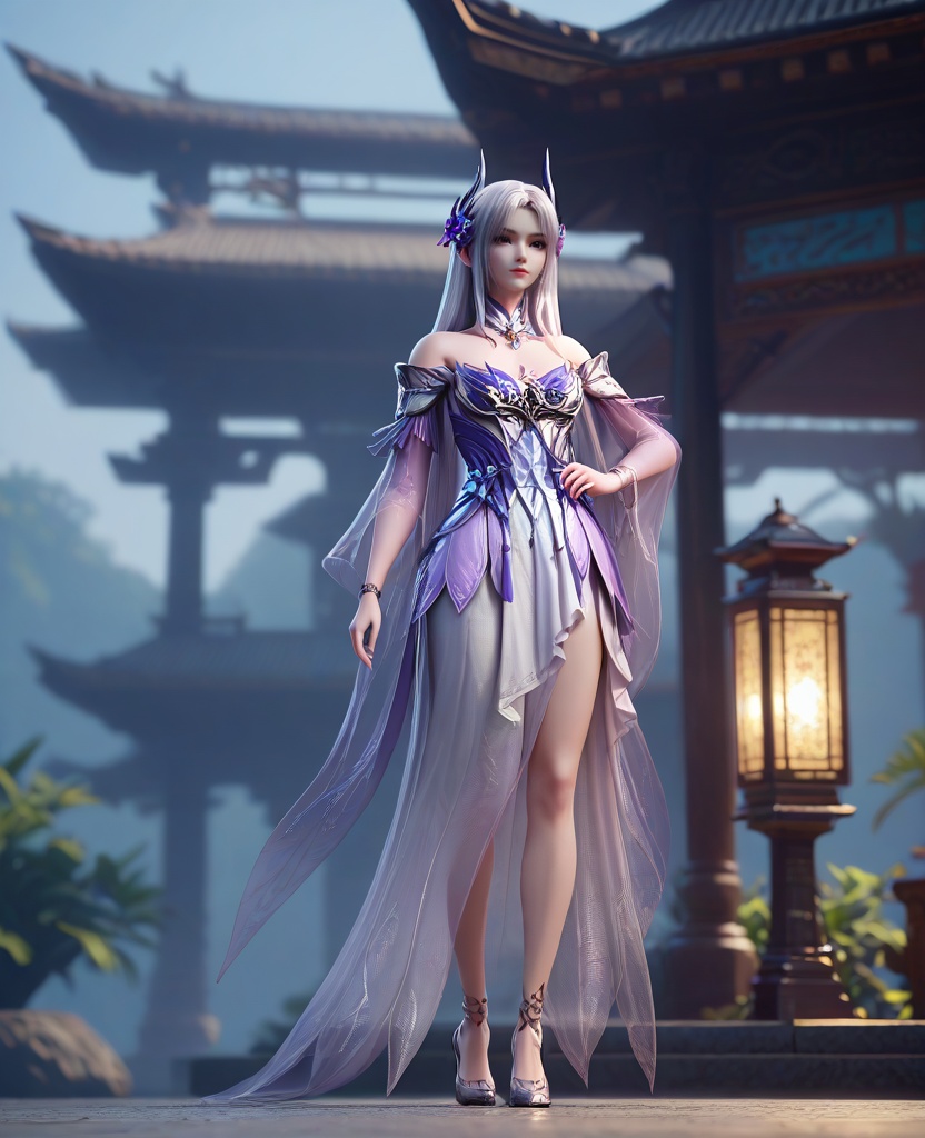 (oriental architecture, elegant decor, sophisticated style:1.1),(Standing with one hand on the waist, looking sideways:1.1),looking at viewer,(breasts:1.2),<lora:XL16斗破苍穹斗尊小医仙:0.95>,miss xiaoyixian,purple bodice,white high-slit asymmetrical skirt,rufous eyes,sidelocks,white hair,hair ornament,long hair,jewelry,detached collar,see-through sleeves,bracelet,skirt see-through hem,anklet chain,high heels,, score_9,score_8_up,score_7_up,score_6_up,score_5_up,score_4_up,3d rendering,tag1,tag2, Cinematic Lighting,backlighting,, zPDXL3, zPDXL2,zPDXL, zPDXLxxx, zPDXLrl,