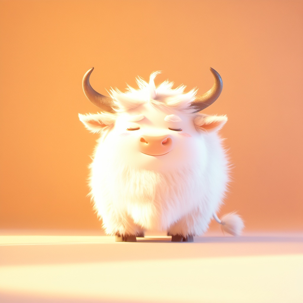 chouniu,cow,soft lighting,^ ^,cc-color-correction,whimsy and dramatic lighting,white fur,warm colors,mf-movie-filter,cute,no humans,solo,closed eyes,fluffy,full body,cow focus,horns,cow tail,standing,orange background,facing viewer,closed mouth,tail,cow horns,simple background,<lora:chouniu_xl:0.8>,