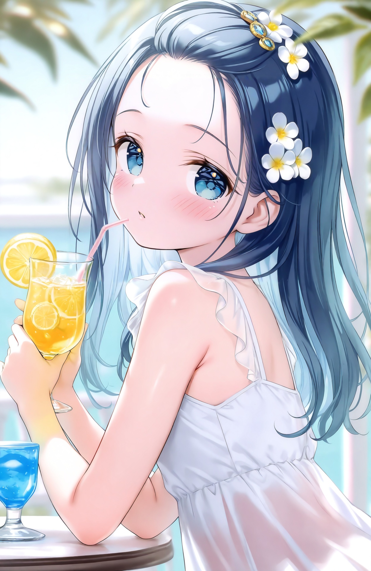 masterpiece,absurdres,best quality,loli,petite,high quality,chromatic_aberration,//,1girl, blue eyes, lemon slice, lemon, fruit, solo, holding, looking at viewer, white dress, hair ornament, dress, cup, flower, blue hair, food, holding cup, long hair, hair flower, blurry background, sleeveless dress, blush, parted lips, sleeveless, bare shoulders, upper body, outdoors, forehead, blurry, strawberry, drinking glass, drink, day, see-through, white flower, from side, bangs pinned back, looking to the side, see-through dress, bare arms