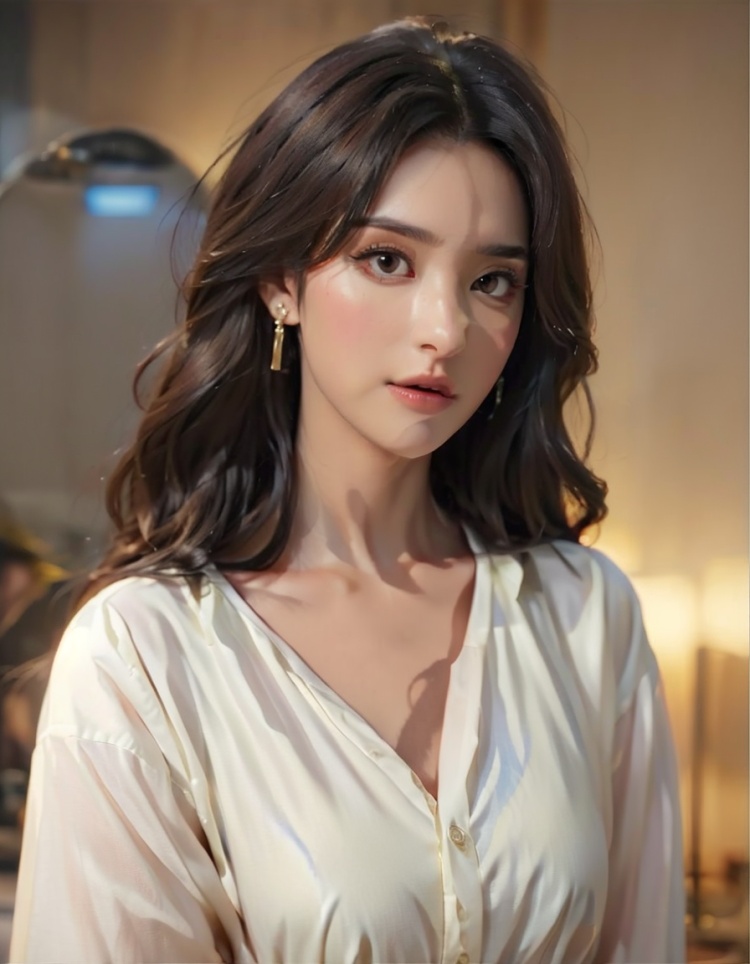 big head,1girl,solo,earrings,jewelry,upper_body,long_hair,lips,realistic,looking_at_viewer,shirt,white_shirt,brown_eyes,, (best quality:1.5), (masterpiece:1.5), (super Realistic:1.5),(high detail:1.5)
