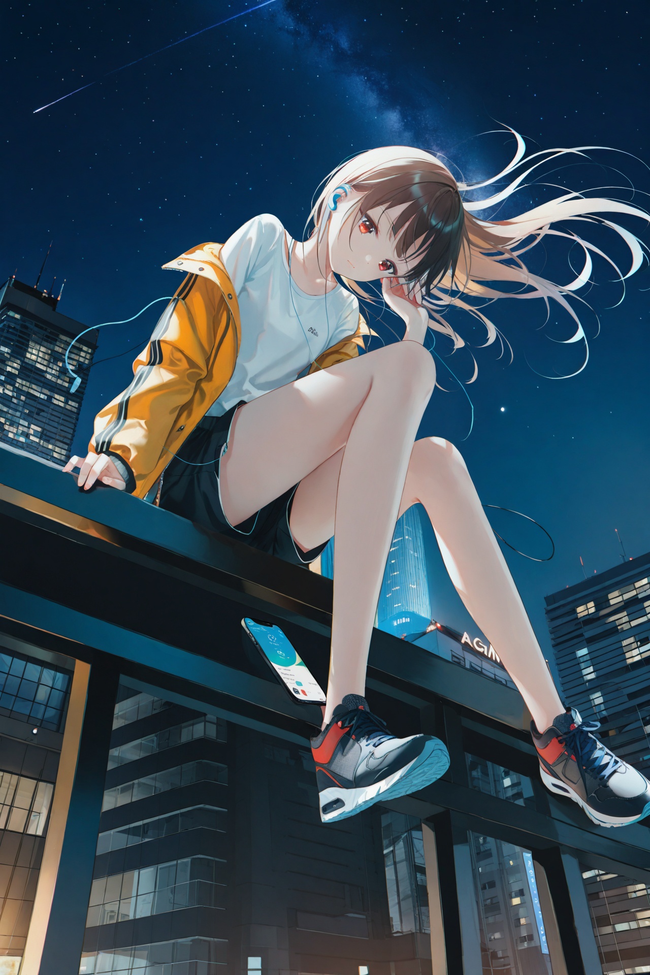 masterpiece,best quality,high quality,(colorful),[Artist toosaka asagi],[[[Artist wlop]]],[Artist chen bin],[Artist omone hokoma agm],Artist hiten (hitenkei),1girl,solo,night,phone,sky,earphones,shorts,outdoors,long hair,building,sitting,shoes,cellphone,holding,holding phone,night sky,shirt,jacket,sneakers,star (sky),white shirt,smartphone,bare legs,starry sky,brown hair,bag,city,long sleeves,open clothes,off shoulder,closed mouth,earbuds,black shorts,short shorts,red eyes,floating hair,brown eyes,brown jacket,open jacket,