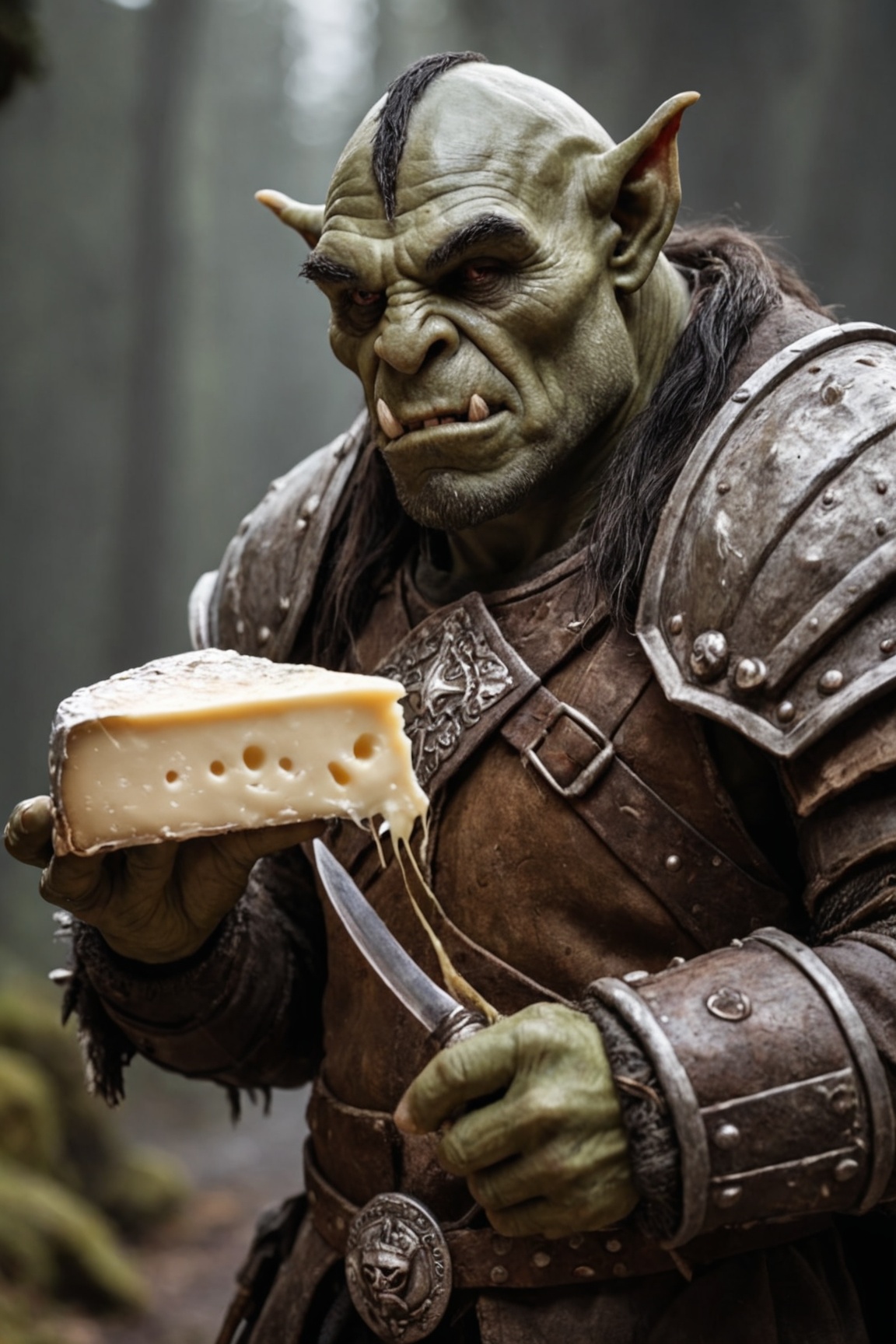 a orc lord is holding a piece of Emmentaler cheese in his hand on Tensor.Art
