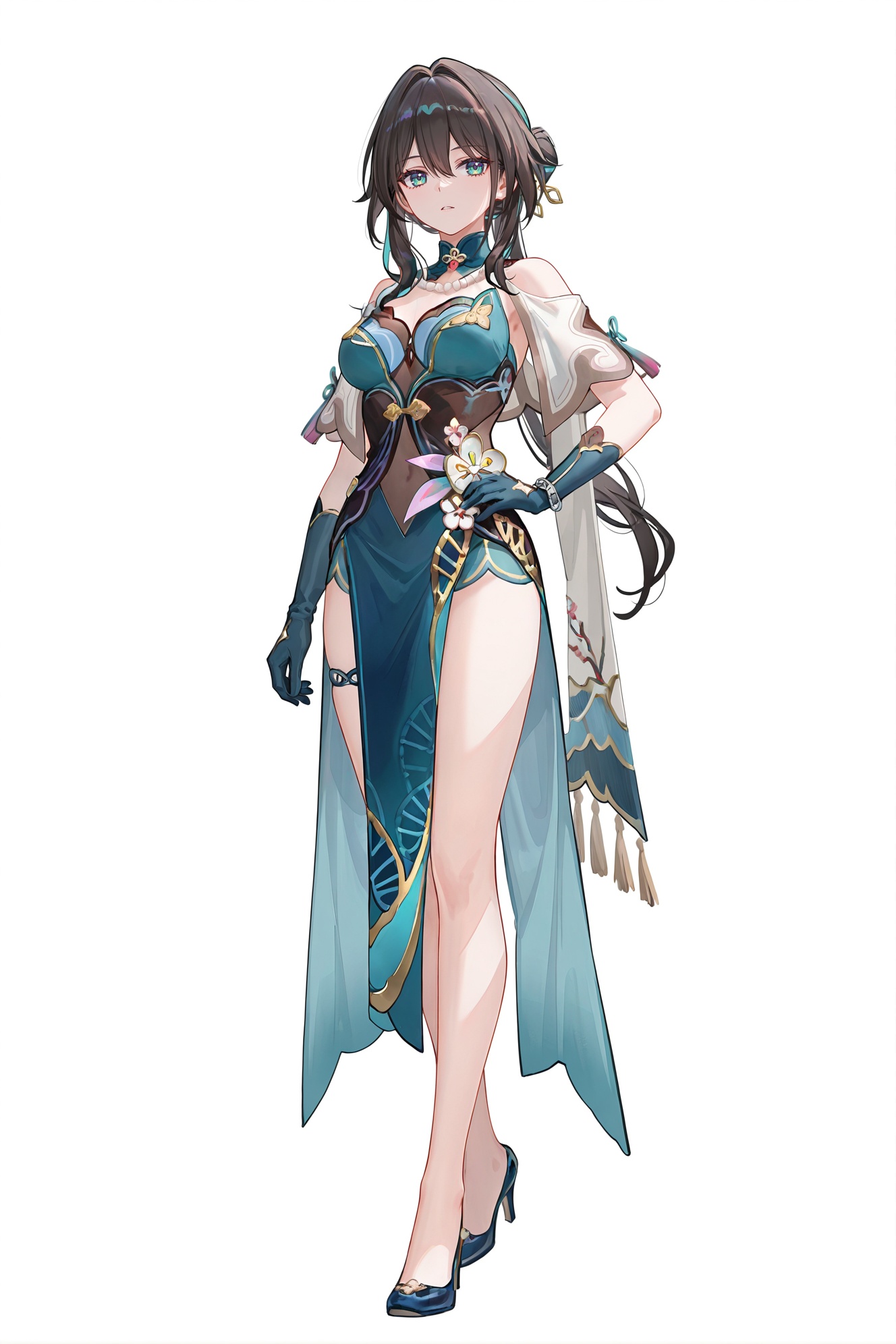 8k,best quality,masterpiece,(ultra-detailed),(high detailed skin),((artist:reoen),(artist:fuzichoco),(artist:atdan),(artist:torino_aqua),year 2024:0.8)1girl,[artist:wlop],[artist:ningen_mame],artist:ciloranko,[[artist:rhasta]],artist:tidsean,colorful,full body,full shot,standing,(solo:1.2),simple background,(white background:1.2),hand on own hip,(white background:1.1),looking at viewer,<lora:ruanmei_new-ill-Tanger-000014:0.8>,ruan mei \(honkai: star rai\l),clothes: def qipao,DNA thigh strap,def blue gloves,1girl,long hair,bangs,brown hair,bare shoulders,green eyes,black footwear,high heels,