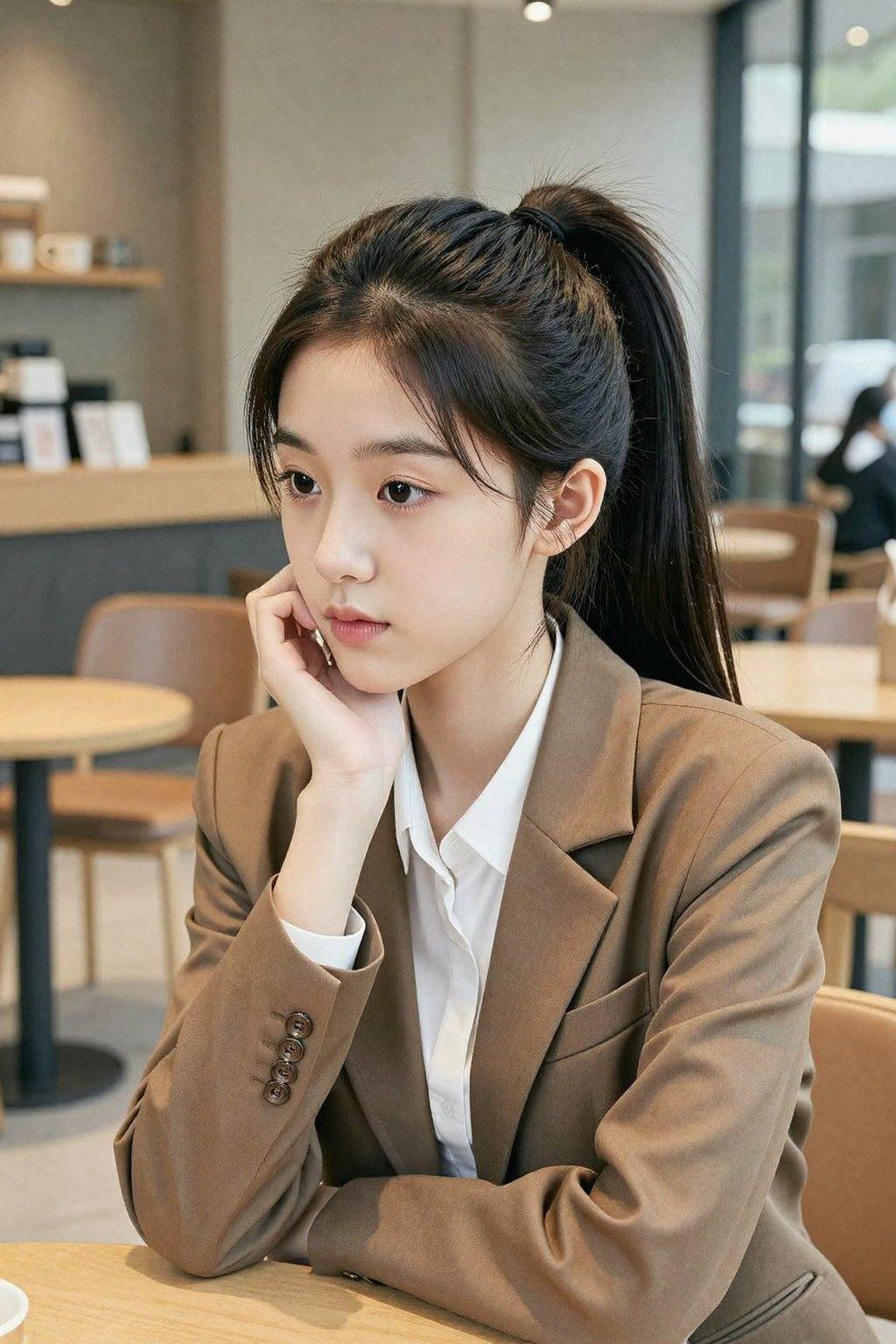 <lora:20260302_TinZITSharpnessSliderLora_v1_000000060:2>, A photograph of a young Asian woman with fair skin, long black hair tied back in a high ponytail, and delicate facial features. She wears a brown blazer over a white shirt, sitting in a modern, softly lit café. Her expression is contemplative, resting her chin on her hand. The background shows blurred, warm-toned café seating and a glass window, creating a serene, intimate atmosphere.