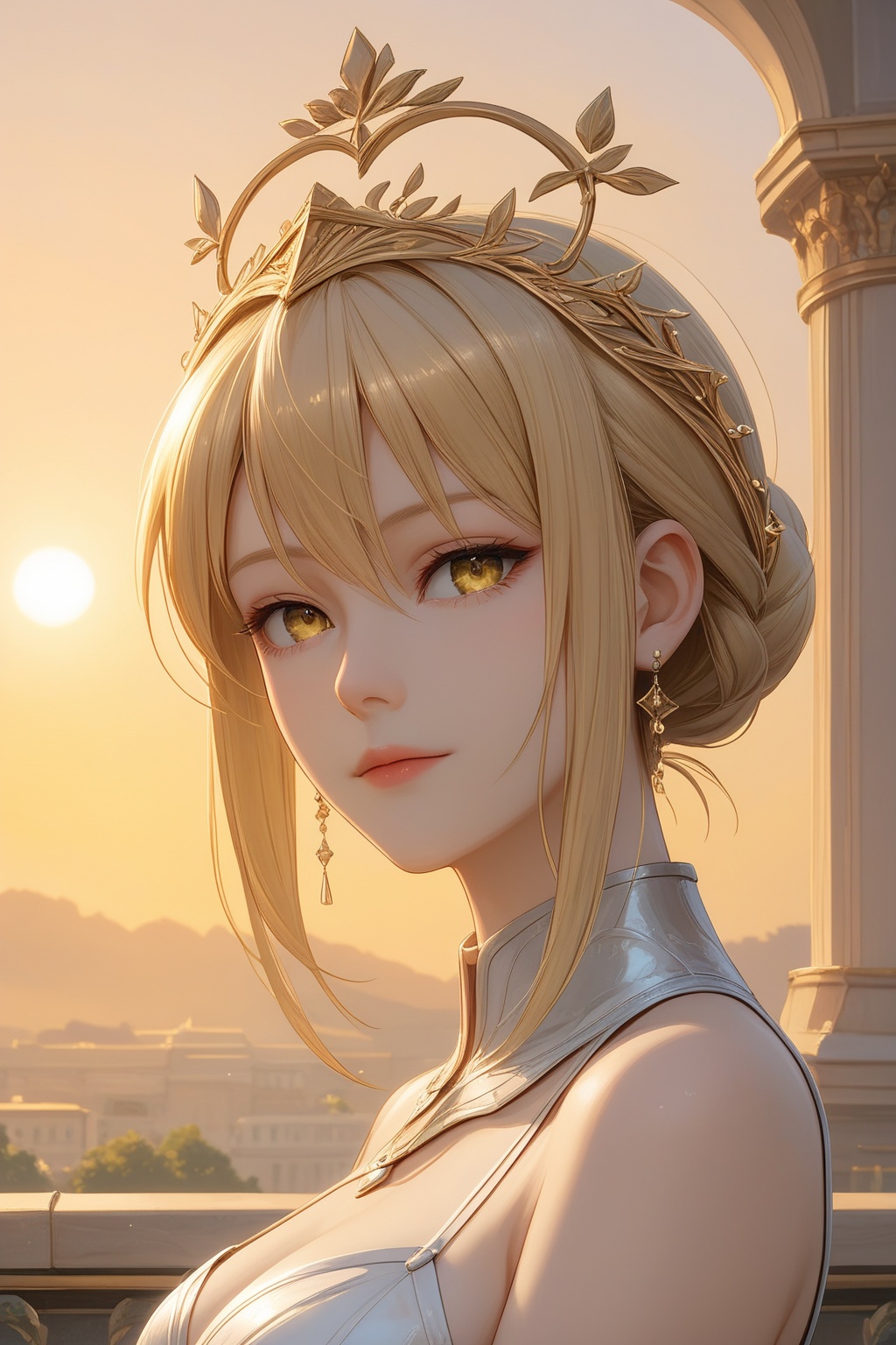 score_9,score_8_up,score_7_up,Artoria Pendragon(\Saber\),focus,cicada wing,aerial,backlighting,blonde hair,blonde eyes,white skin,sunrise,golden sky,magnificent architecture,beautiful detailed sky,delicate gold metal decorations,
