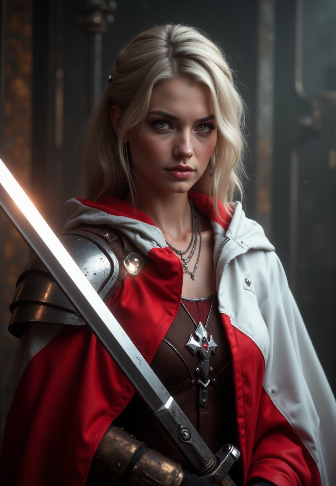 a beautiful polish woman wrapped in the polish flag. in one hand she holds a royal scimitar sword,  on her shoulder a pukl...