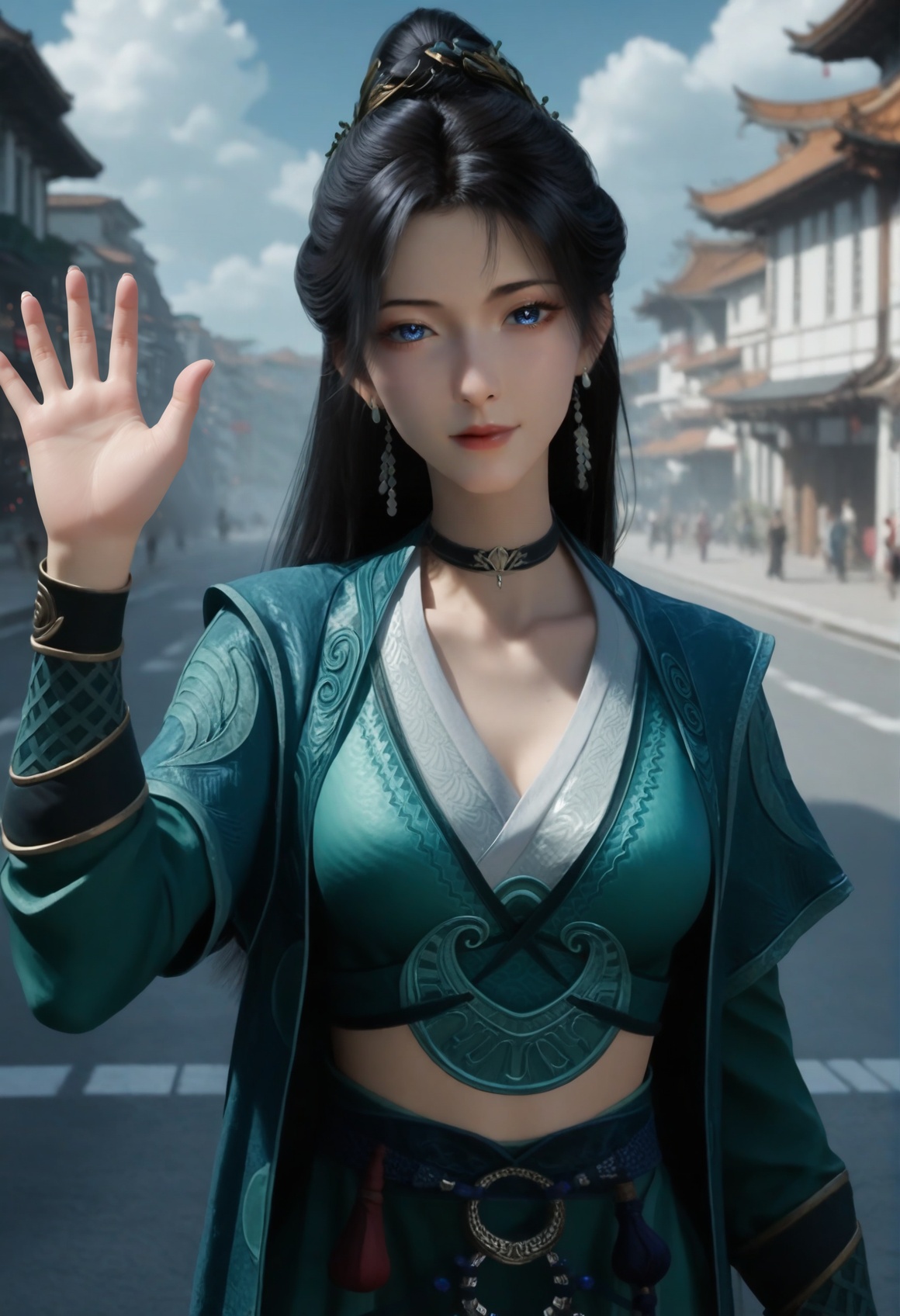 (score_9),<lora:慕配灵-Apony:0.83>,mpl,(mature_female:1.1),solo,hair ornament,long hair,black hair,ponytail,earrings,long long sleeves,robe,chinese clothes,wrist guards,long skirt,choker,black choker,<lora:perfect eyes_v1:0.8>,front view,bright pupils,blue eyes,looking at viewer,<lora:Expressive_H-000001:0.8>,(waving),(glamor:1.2),(collarbone),pointy breasts,puffy breasts,large breasts,narrow waist,curvy,street,blue sky,blur background,building,city,cloud,cloudy sky,day,depth of field,(white_skin:1.1),(fair_skin:1.1),