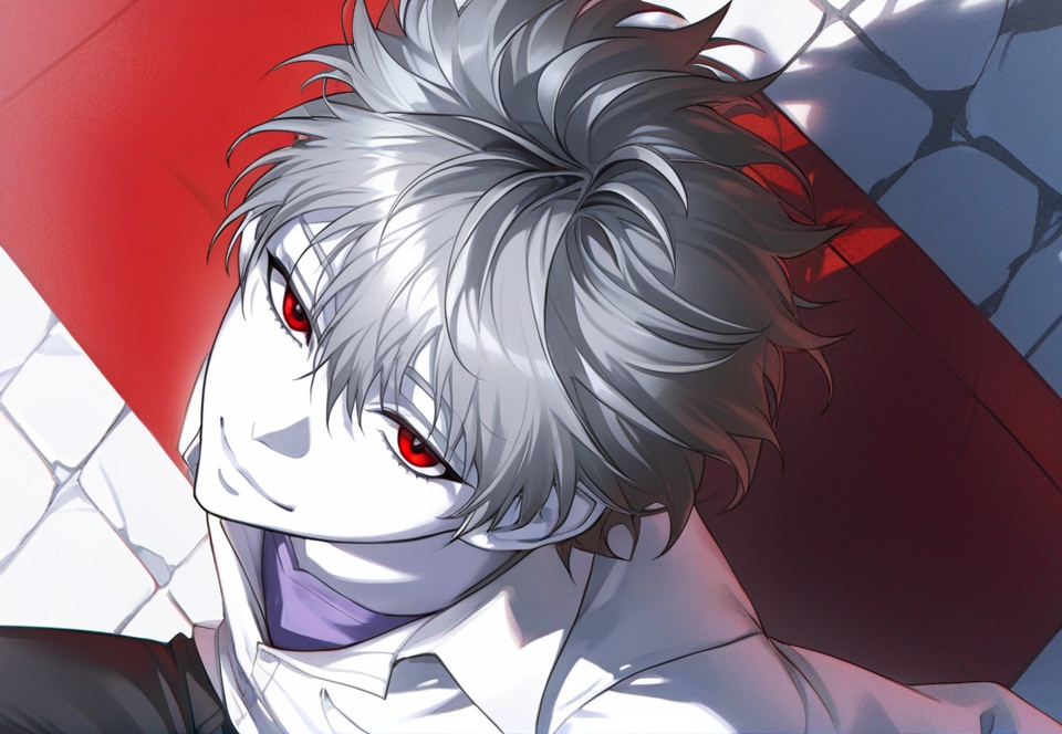 (best quality), ((masterpiece)), (highres), illustration, original, extremely detailed, <lora:男风XL:0.7>nagisa kaworu, red eyes, male focus, 1boy, solo, shirt, grey hair, looking at viewer, short hair, black pants, white shirt, hair between eyes, pants, collared shirt, smile, from above, bangs
