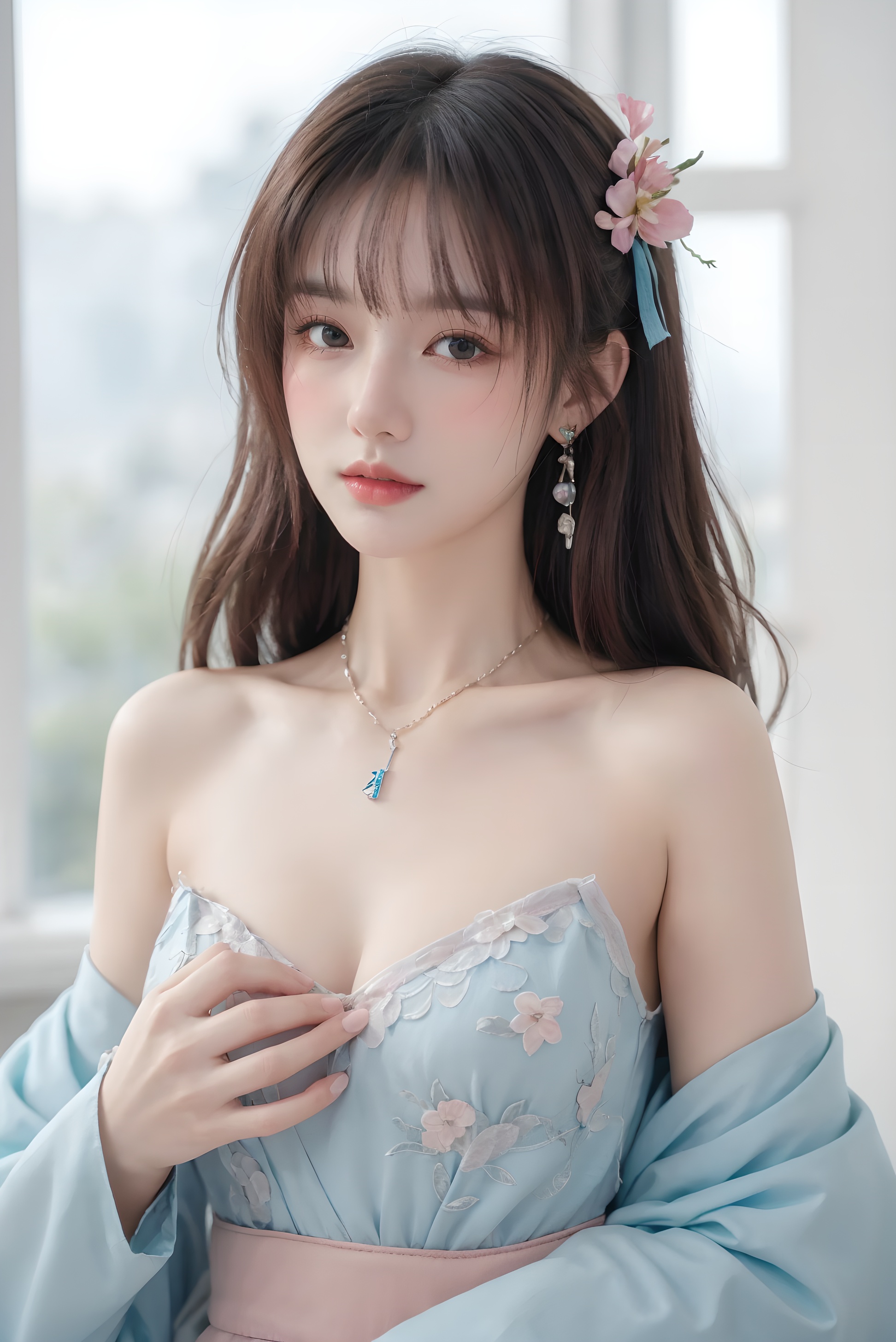 masterpiece, best quality,best quality,official art,extremely detailed CG unity 8k wallpaper,(1girl:1.3), cute face, blush, black eyes, pink eyeshadow,flat chest,hanfu, (Out of the shoulders),pendant, jewelry, jewelry, (earrings:1.1), (bell:1.1), (necklace:1.1), hair ribbon,Hand on chest,hair_ornament, hair_flower,Bright necklace, Out of the shoulders,Perfect hand,(collarbone:1.1),cleavage, (Shoulder trim:1.2), (Chest decoration:1.3), Look to the sky, (Look the other way:1.2),(Fineskindetails:1.1),mix4,machinery,Open chest <lora:guochao:0.66>(colorful),(delicate eyes and face),volumatic light,ray tracing,extremely detailed CG unity 8k wallpaper,solo, indoors, palace, lights, window, decorations,(ahoge:1.3),best quality,official art,(((light from the sky))),floating hair,light shines on hair,whultra-detailed,(((extremely detailed cg 8k wallpaper))),(crystalstexture skin:1.4),(extremely delicate and beautiful),(white skin),looking_at_viewer,kinghere fensejiaren,,realistic,