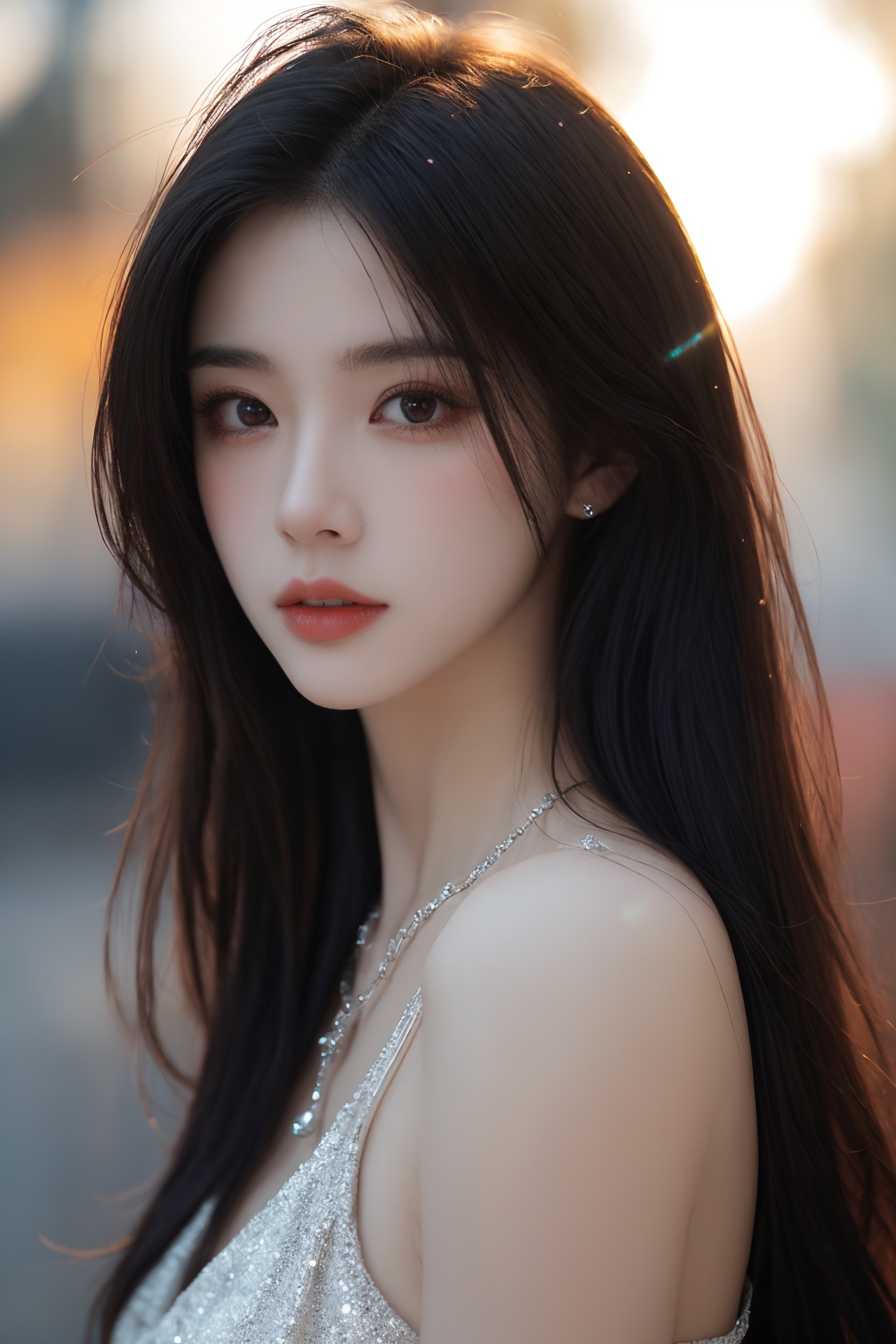 1girl, black hair, blurry, blurry background, bokeh, depth of field, jewelry, lens flare, lips, long hair, looking at viewer, necklace, outdoors, sleeveless, solo <lora:美女:0.8>