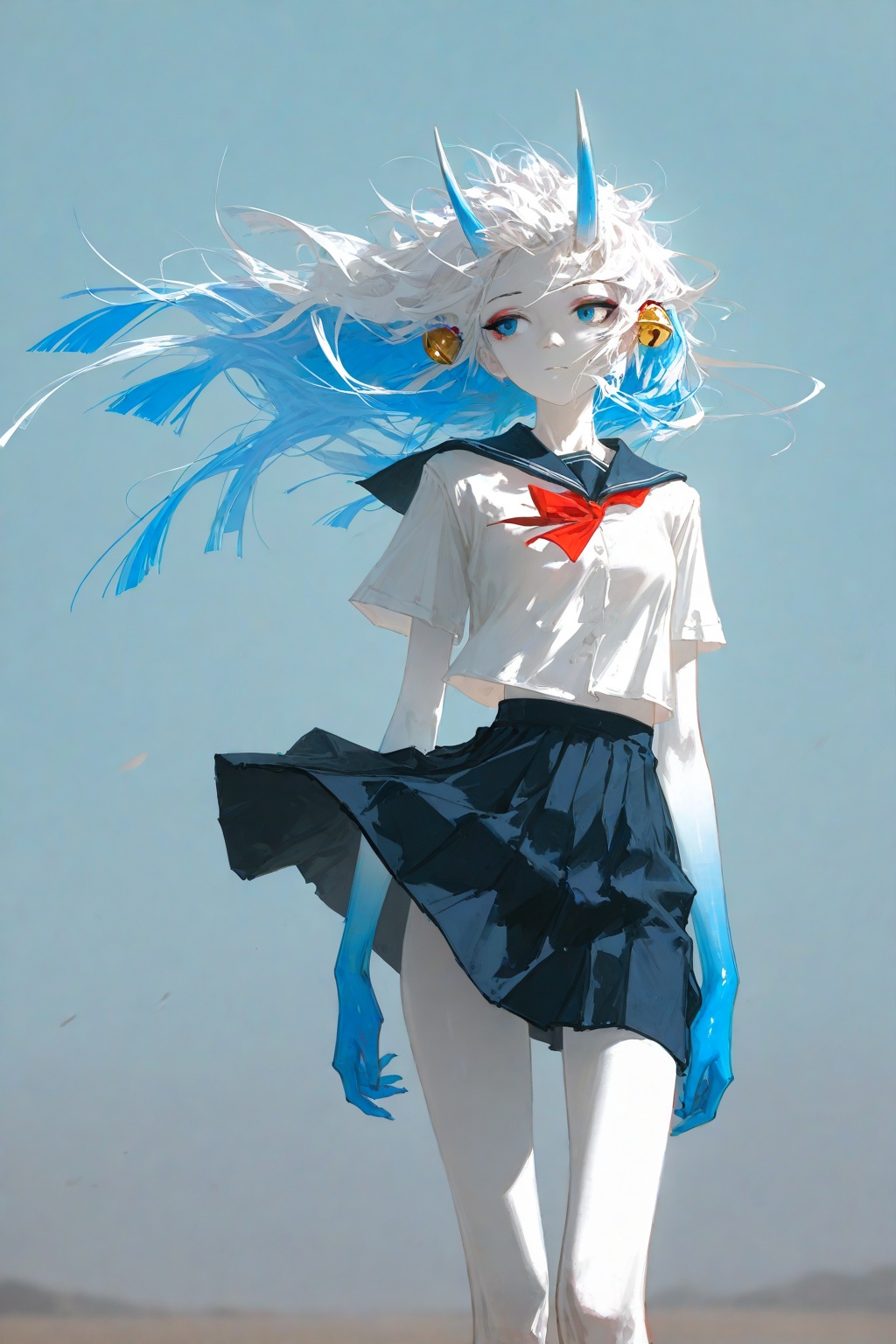 masterpiece,best quality,amazing quality,very aesthetic,absurdres,newest,highres,highres,absurdres,(artist:saya \(saya no uta\):0.3),dino_(dinoartforame),(artist:quasarcake:0.4),absurdres,highres,newest,flat colors,spot colors,( background:1),wind,flowing hair,messy hair,monster girl,oni girl,gradient skin,pale skin,blue eyes,white skin,oni horns,blunt ends,blue eyes,eyeshadow,hair bell,two-tone hair,white hair,blue_hair_ends,small breasts,school uniform,