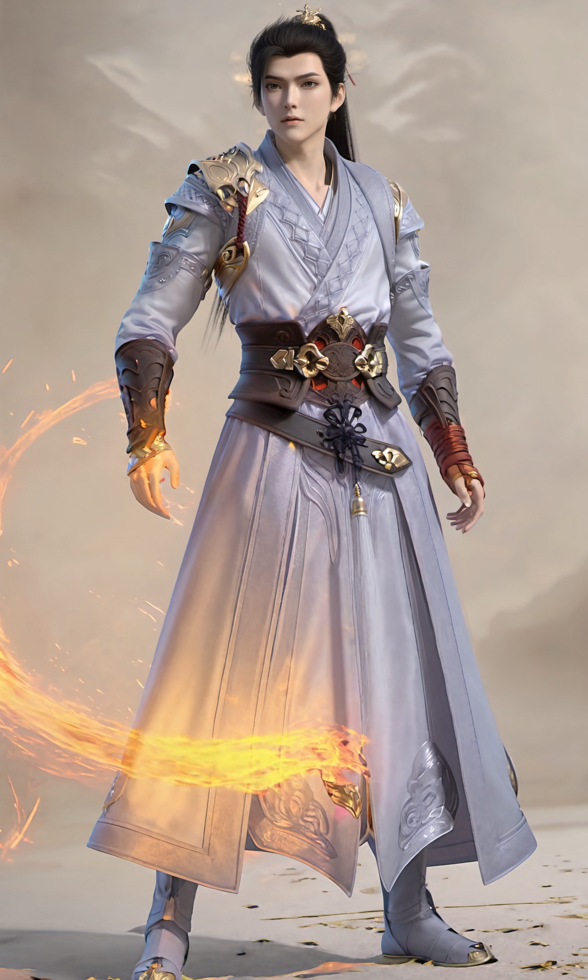 professional 3d model Shihao,front view of a man with a black high ponytail hair wearing white Traditional-Clothing,full body,pointy chin,golden special effects,slender face,<lora:Perfect Shihao-000019:0.9>, . octane render, highly detailed, volumetric, dramatic lighting
