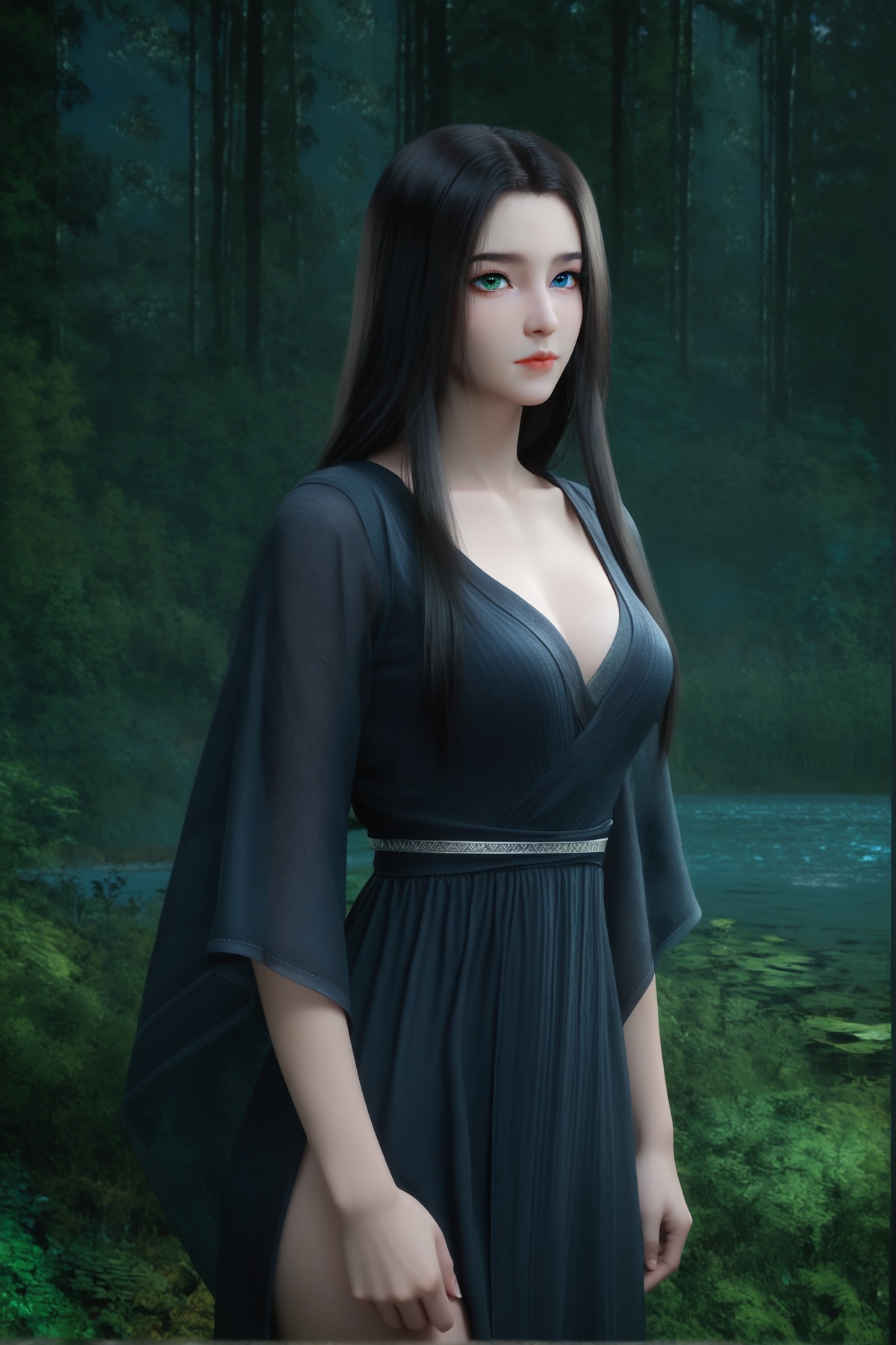 score_9,score_8_up,score_7_up,<lora:wy_yinyue_ds_XL7.0:0.8>,blue eyes,heterochromia,green eyes,simple background,white_background,thick_thighs,realistic,1girl,solo,black hair,long hair,nature,dress,outdoors,black dress,breasts,forest,tree,standing,
