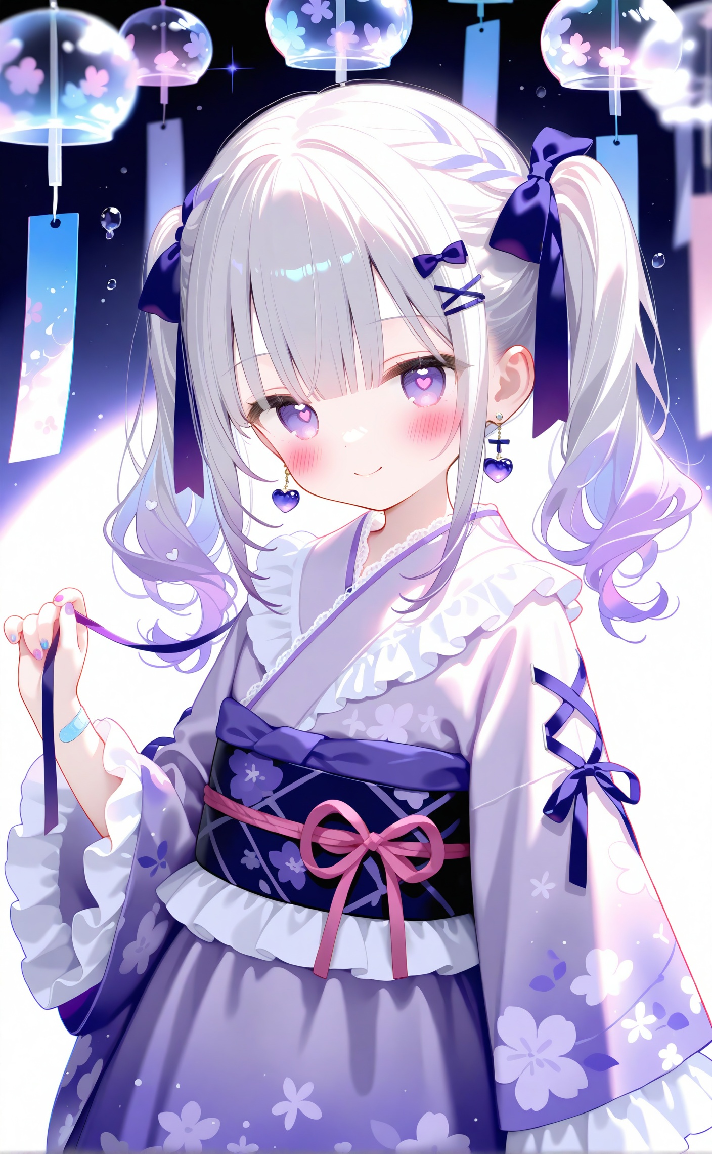 masterpiece,very aware,highres,absurdres,newest,best quality,loli,petite,high quality,chromatic_aberration,//1girl,japanese clothes,solo,kimono,wind chime,looking at viewer,purple kimono,purple eyes,hair ornament,sash,bow,ribbon,holding,obi,smile,hair bow,twintails,closed mouth,purple hair,jewelry,hairclip,bandaid,lolita fashion,earrings,wa lolita,bandaid on arm,wide sleeves,purple theme,long hair,heart,purple bow,long sleeves,multicolored hair,white hair,water drop,pink ribbon,nail polish,x hair ornament,blunt bangs,blurry,cowboy shot,symbol-shaped pupils,pink bow,bubble,hair ribbon,hand up,blue bow,purple ribbon,frills,star (symbol),blue ribbon,pink nails,blurry foreground,blush,depth of field,white bow,yukata,frilled kimono,standing,purple sash,heart hair ornament,sidelocks,purple nails,heart-shaped pupils,print kimono,grey hair,frilled sleeves,heart earrings,red ribbon,gem,holding ribbon,dot nose,white background,pink hair,gradient hair,lace trim,floral print,sparkle,multicolored nails,braid,cross-laced sleeves,two-tone hair,sleeve ribbon,medium hair,blue hair,