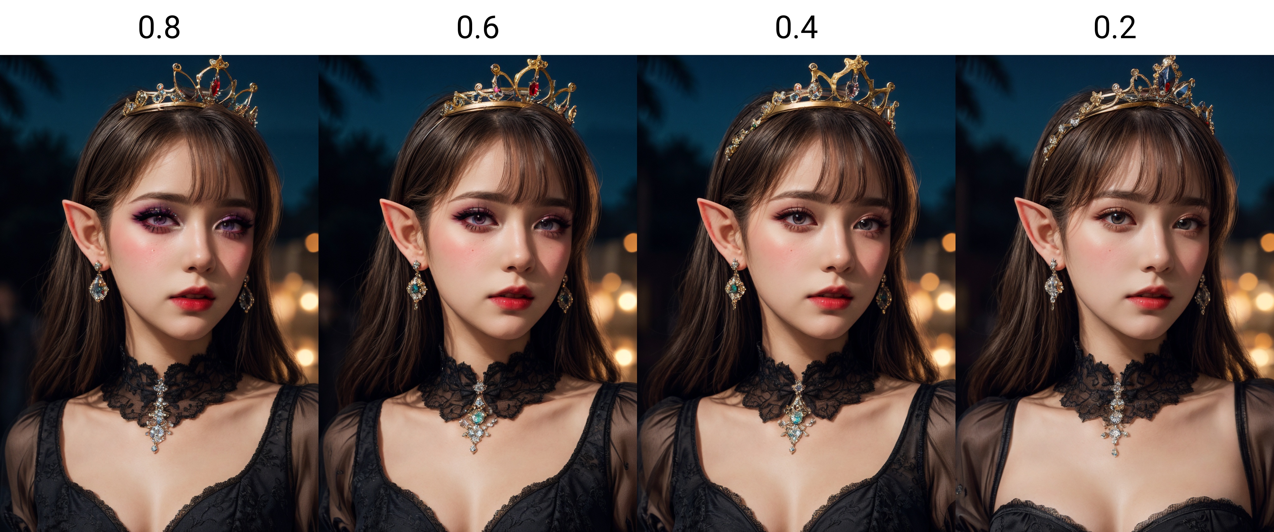 masterpiece,best quality,realistic,highres,Highly detailed,blurry background,1girl,((portrait)),close-up,bangs,elf,elf ear,crystal earrings,((crown)),crystal crown,(black dress),(juliet sleeves),corset,red_bow,collar,<lora:add_more_details:0.5>,((night)),fluorescent plant,neon lights,<lora:暗夜精灵1.0_v1:0.8>,