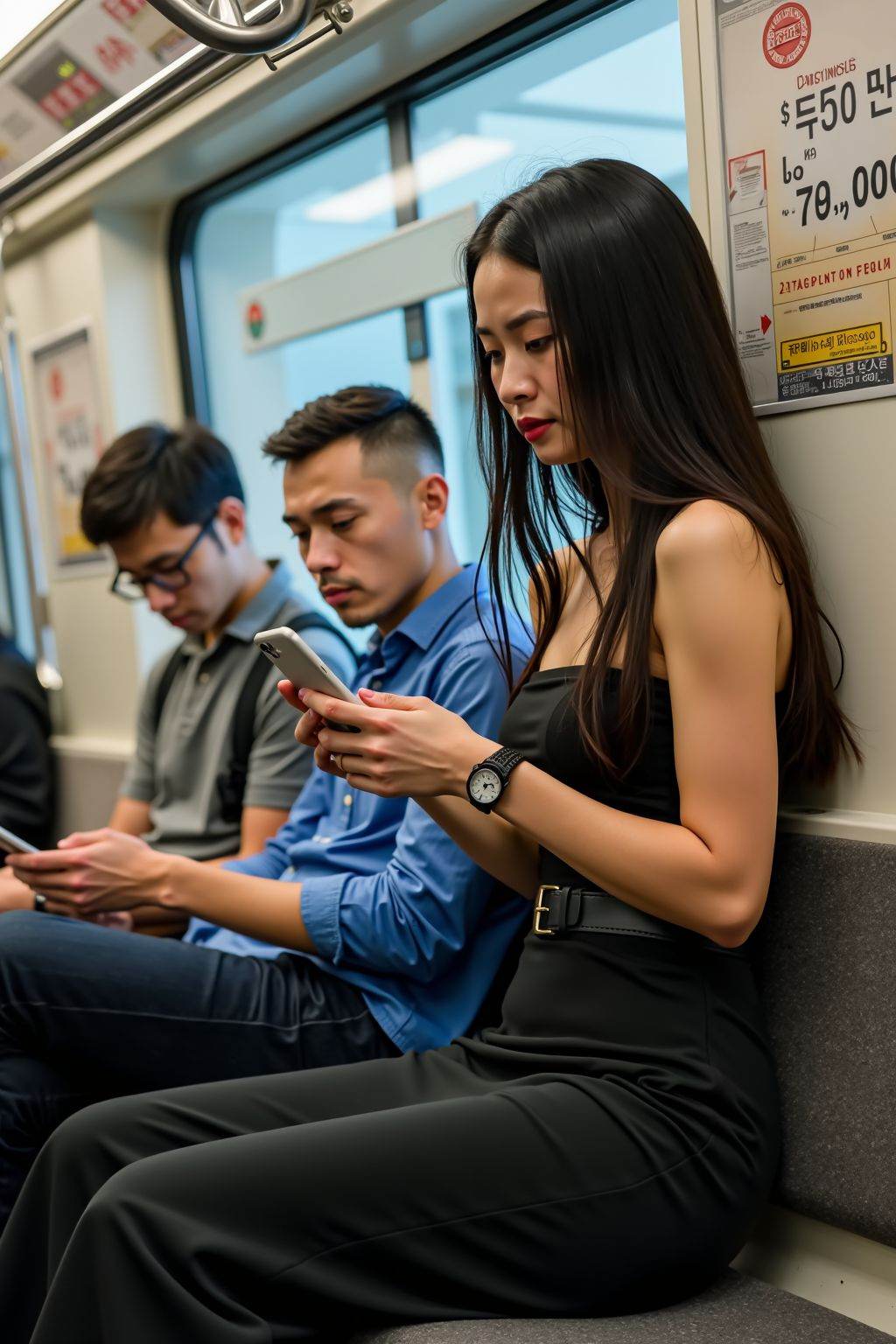 A photograph captures three young adults on a subway train. The woman with long black hair and fair skin, wears a strapless black dress with a belt, holding a smartphone. Beside her, a bald man in a blue shirt and black pants looks at his phone, while a glasses-wearing man in a gray shirt and black backpack sits behind them. The train's interior is modern, with metallic handrails and digital advertisements.