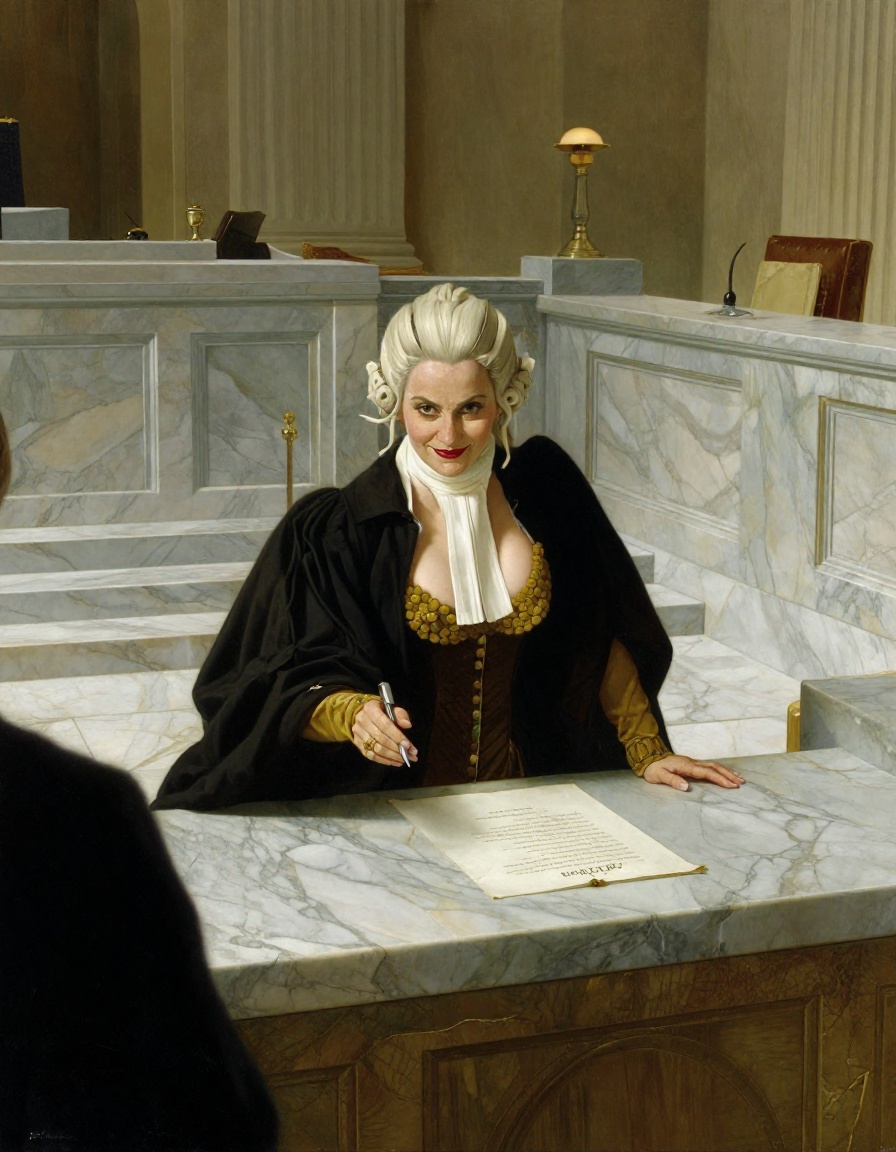 In a grand,  marble courtroom,  an elegant Azorius judge leans over her bench on Tensor.Art