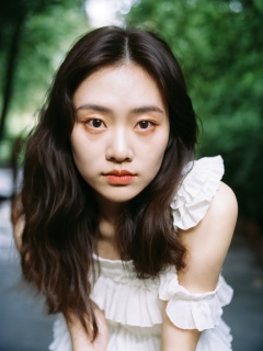 film grain analog photography,captured vertical frame, young asian woman gazes upwards look curiosity, large eyes lively porcelain skin, dark hair tumbling loose waves shoulders, contrasting ruffled, white,-- shoulder top, ruffles adding,