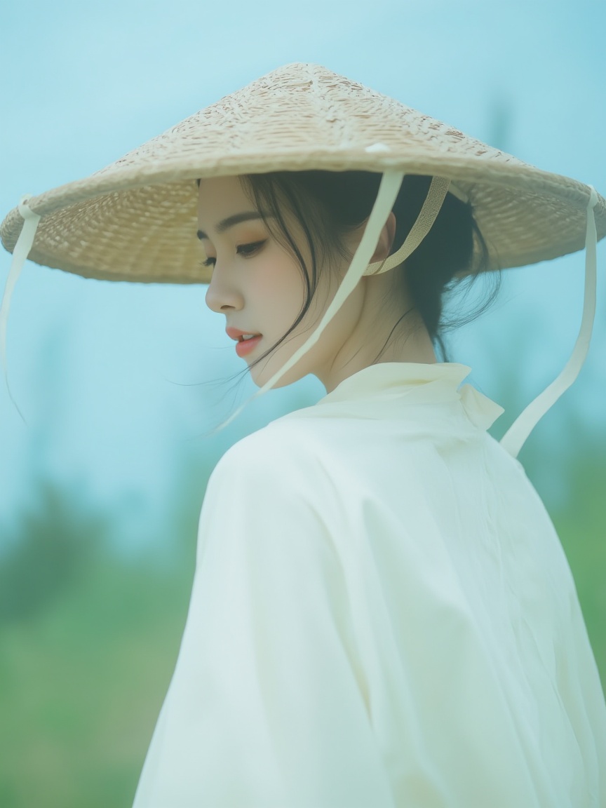 neomj,<lora:neomj古风v9_15:0.9>,neomj,neomj,neomj,A person wearing a large,woven,conical hat with light-colored ribbons is shown in profile,looking down. The person is dressed in a light,flowing garment. The background is a blurry mix of light blue and green.,