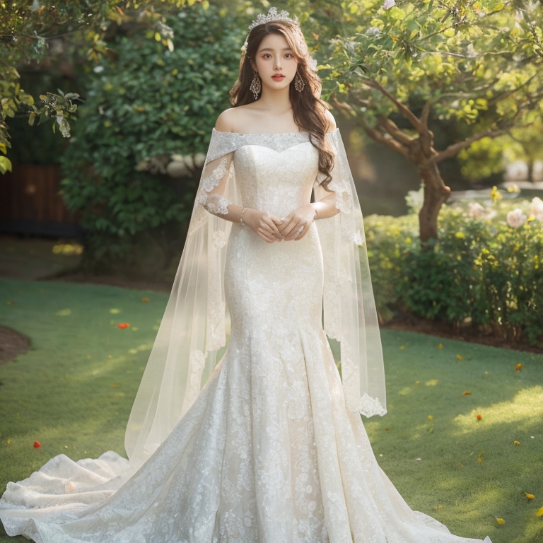 Best Quality,Masterpiece:1.4),(Realism:1.2),(Realisitc:1.2),4K,(photorealistic:1.3),1girl, white wedding dress,long dress,outdoors, flower,  jewelry,print,(Long Wavy Hair),hunsha,veil,Earrings,Jewelry,Tindal Light,  <lora:YG梦中婚纱4:0.7>,
