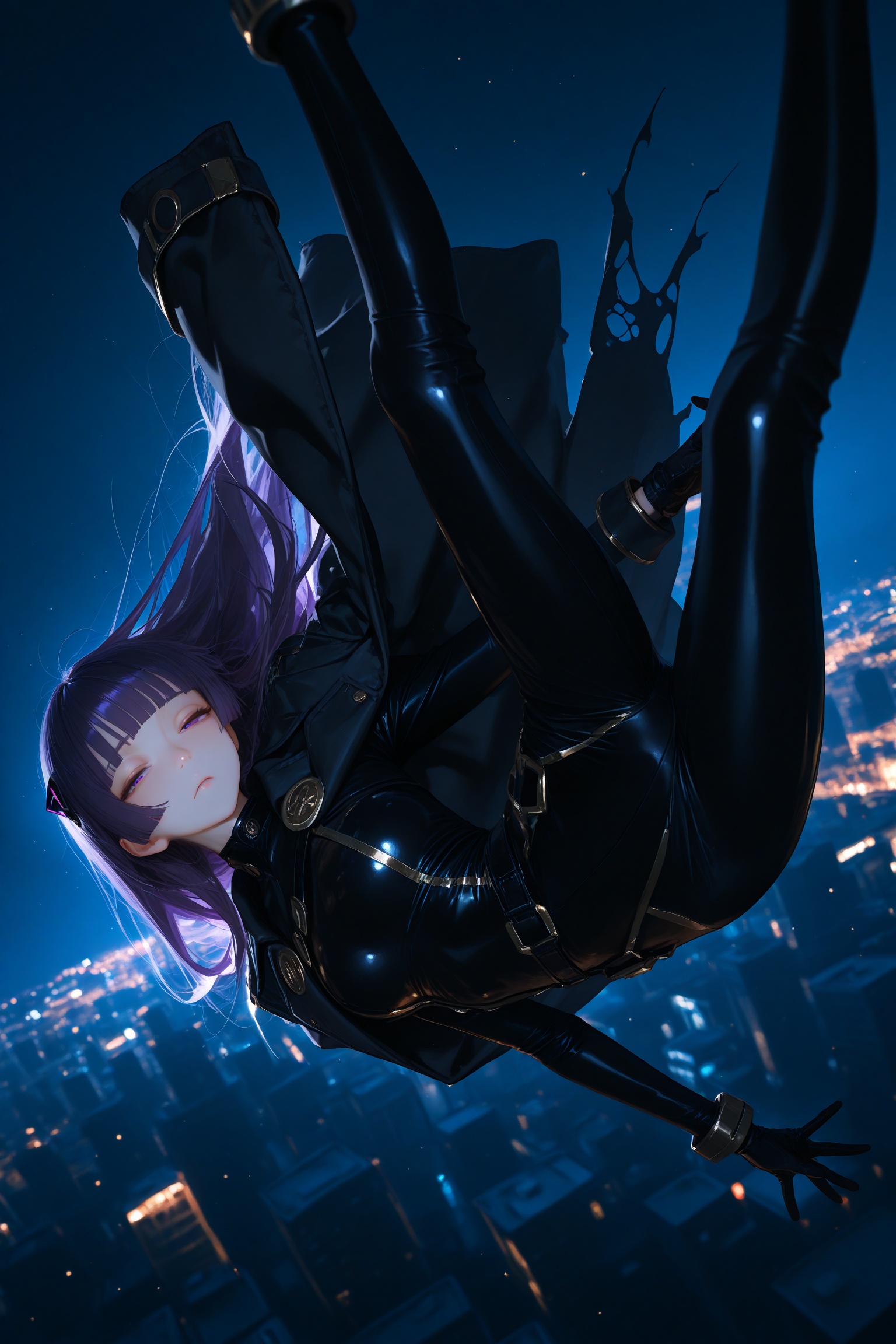 masterpiece,best quality,amazing quality,very aesthetic,absurdres,newest,extreme aesthetic,in the style of fashion photography,light particles,cinematic lighting,Visual impact,sharp focus,Emotionalization,depth of field,dutch angle,scenery,1girl,solo,purple hair,blunt bangs,long hair,purple eyes,black coat on shoulders,torn coat,black bodysuit,gold trim,black gloves,black pants,falling,night,depth of field,cityscape,half-closed eyes,confused,dynamic pose,knee up,looking at viewer,
