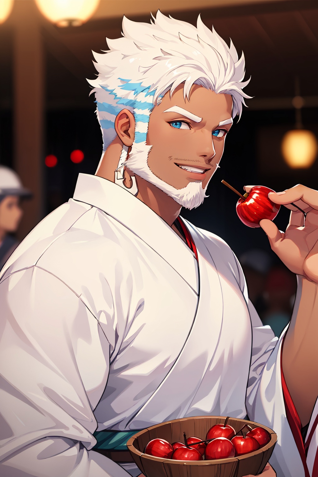 masterpiece,best quality, highly detailed, aegir (housamo),solo, 1boy, beard, kimono, mature male, dark-skinned male, alternate costume, bara, candy apple, muscular male, looking at viewer, festival, blurry background, hair strand, upper body, smile,<lora:aegir_(housamo):1>