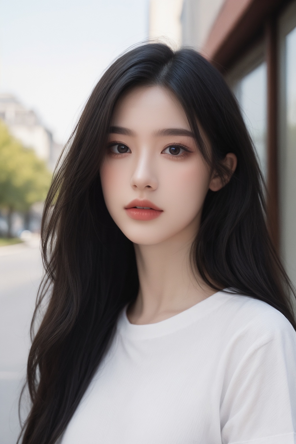 1girl, black hair, brown eyes, building, lips, long hair, looking at viewer, nose, outdoors, realistic, road, shirt, short sleeves, solo, upper body, white shirt  <lora:国际超模脸:0.66>