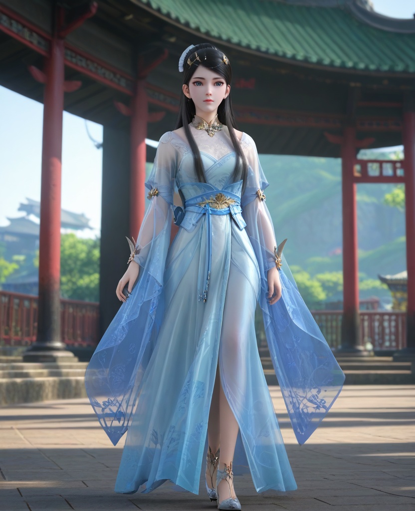 (oriental architecture, elegant decor, sophisticated style:1.1),(walking,catwalk,the runway,fashion show:1.1),(breasts:1.2),<lora:XL16墓王之王寒千落:0.95>,miss hanqianluo,spale blue dress,see-through,blue eyes,black hair,long hair,hair ornament,hanging hair,sash,wrist cuffs,pelvic curtain,, score_9,score_8_up,score_7_up,score_6_up,score_5_up,score_4_up,3d rendering,tag1,tag2, Cinematic Lighting,backlighting,