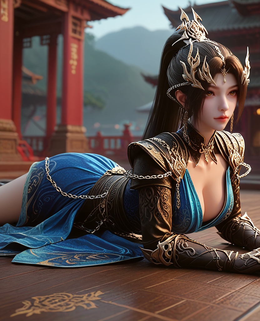 (oriental architecture, elegant decor, sophisticated style:1.1),(Lying, on stomach with palms up,:1.1),Medium shot,(large breasts:1.2),<lora:XL16云深不知梦羲和融合玄凤:0.95>,miss xihe,black wrap coat with blue overdress,shoulder armor,brown eyes,black hair,very long hair,ponytail,hair ornament,jewelry,chain ornament,gauntlets,sash,blue to white ombre base skirt,cape,, score_9,score_8_up,score_7_up,score_6_up,score_5_up,score_4_up,3d rendering,tag1,tag2, Cinematic Lighting,backlighting,