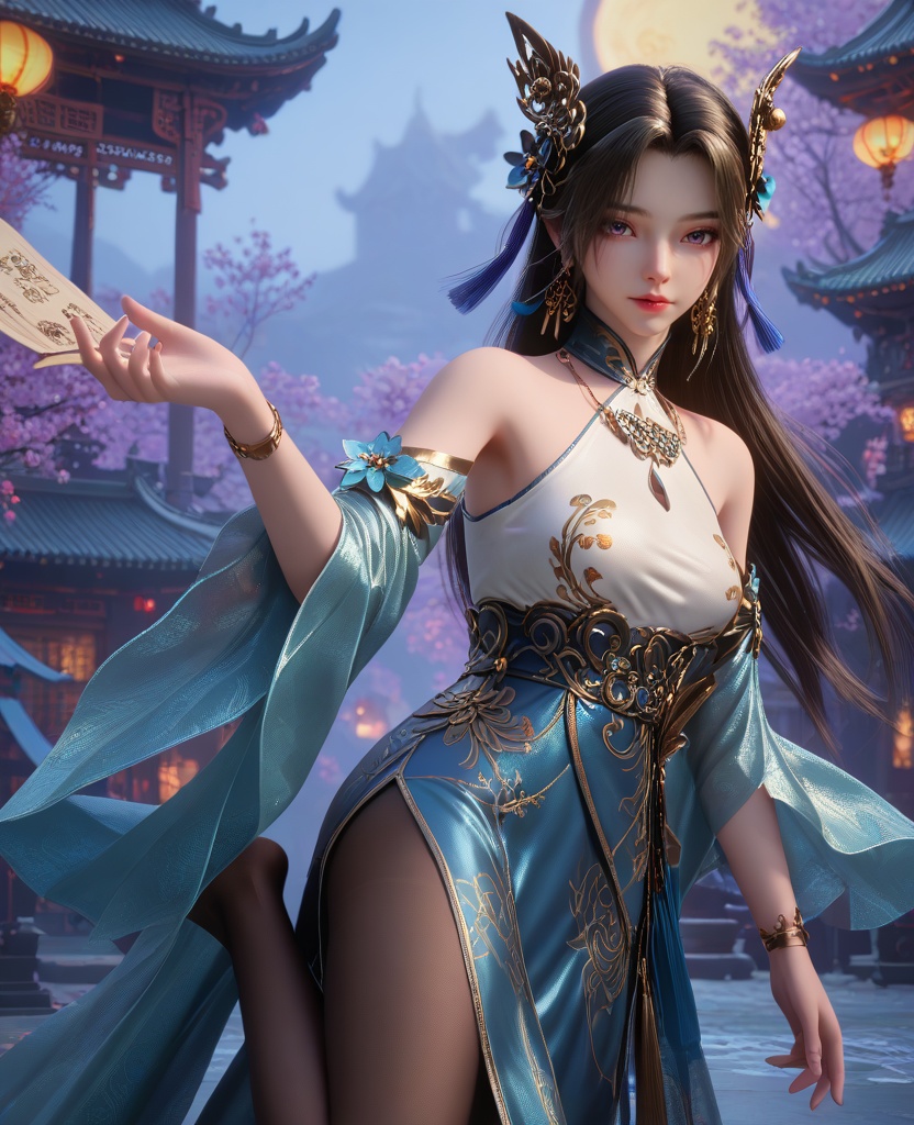 (oriental architecture, elegant decor, sophisticated style:1.1),(leg lift:1.1),(breasts:1.2),<lora:XL16克金玩家璎珞:0.95>,miss yingluo,blue peplum gown with white corset,violet eyes,black hair,long hair,hair ornament,necklace,jewelry,bracelet,black pantyhose,wide flowing sleeves,faux floral embellishments,, score_9,score_8_up,score_7_up,score_6_up,score_5_up,score_4_up,3d rendering,tag1,tag2, Cinematic Lighting,backlighting,, zPDXL3, zPDXL2,zPDXL, zPDXLxxx, zPDXLrl,