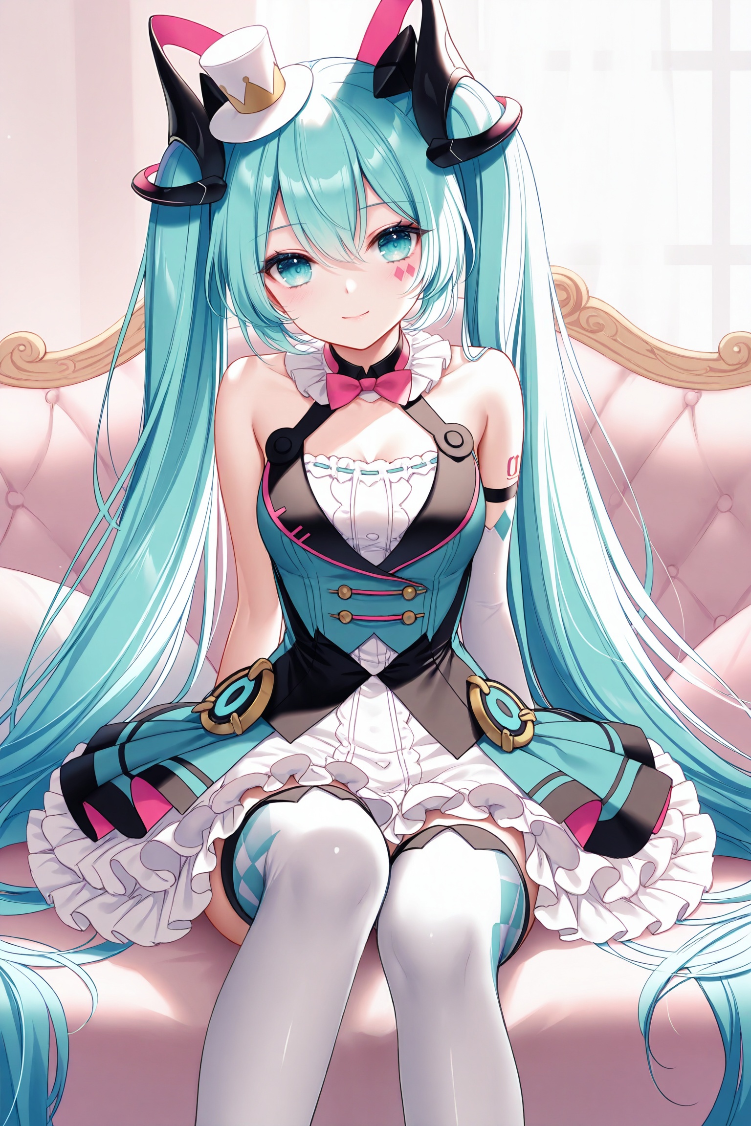 masterpiece,best quality,newest,absurdres,highres,soft shadows,photorealistic,(chen bin:0.5),(hiten \(hitenkei\):0.4),(rimuu:0.5),(mignon:0.5),(sheya:0.6),<lora:MMMiku2019XLNAI:1>,1girl,magical mirai miku \(2019\),frilled_dress,frills,sitting,