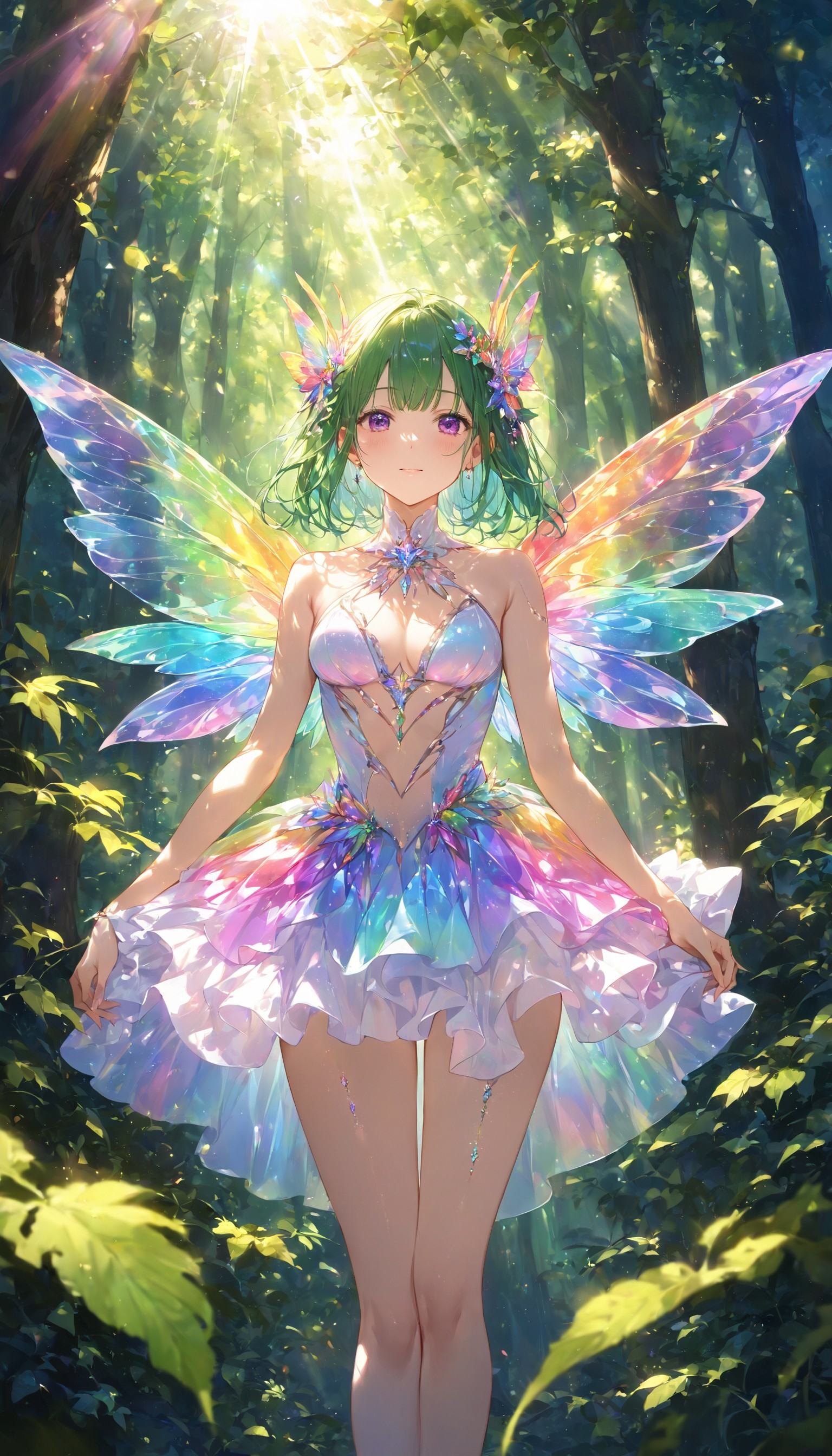 beautiful fairy with raimbow wings,  standing,  on deep forest on Tensor.Art