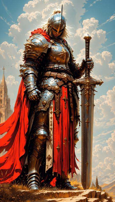 hkstyle,,    holding weapon, fighting stance, holding  buster sword,huge weapon,,  fantasy anime style, anime artwork, official art, highly detailed, vibrant colors, magical atmosphere, digital painting, ethereal glow, soft shadows, cinematic lighting masterpiece, best quality, high quality, ultra-detailed, realistic,  traditional media, western comics \(style\) ,limited palette, partially colored, vivid_color, high contrast, speed lines, sound effects, move_effects, action Create a detailed digital artwork portraying a regal figure, likely a knight, in a dynamic pose. The knight is adorned in ornate armor, predominantly in shades of silver and gold, with intricate designs and patterns. The armor is complemented by a flowing red cloak that billows behind the figure. The figure wields a large, ornate sword with a golden hilt and a blue blade. The background is a blend of a cloudy sky and a red banner with golden crosses, suggesting a religious or ceremonial setting. The style of the artwork leans towards fantasy, with a focus on realism and attention to detail. The scene is captured from a sideview angle, focusing on the full body of the knight. solo, holding, standing, weapon, outdoors, sky, day, belt, cloud, sword, holding_weapon, cape, armor, holding_sword, helmet, shoulder_armor, 1other, gauntlets, sheath, pauldrons, sheathed, breastplate, red_cape, knight, full_armor, ambiguous_gender, helm, hkstyle,,    holding weapon, fighting stance, holding  buster sword,huge weapon,,  fantasy anime style, anime artwork, official art, highly detailed, vibrant colors, magical atmosphere, digital painting, ethereal glow, soft shadows, cinematic lighting
