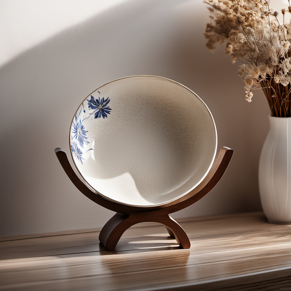 shuzhuo, A bowl is placed on a wooden stand. The background is a bouquet of dried flowers and a white vase, creating a warm and elegant atmosphere. The sunlight shines through the window onto the desktop, creating a contrast between light and dark, emphasizing the texture and color of the dishes. The overall scene gives people a feeling of tranquility and warmth.,<lora:sanjing-XL:0.8>,