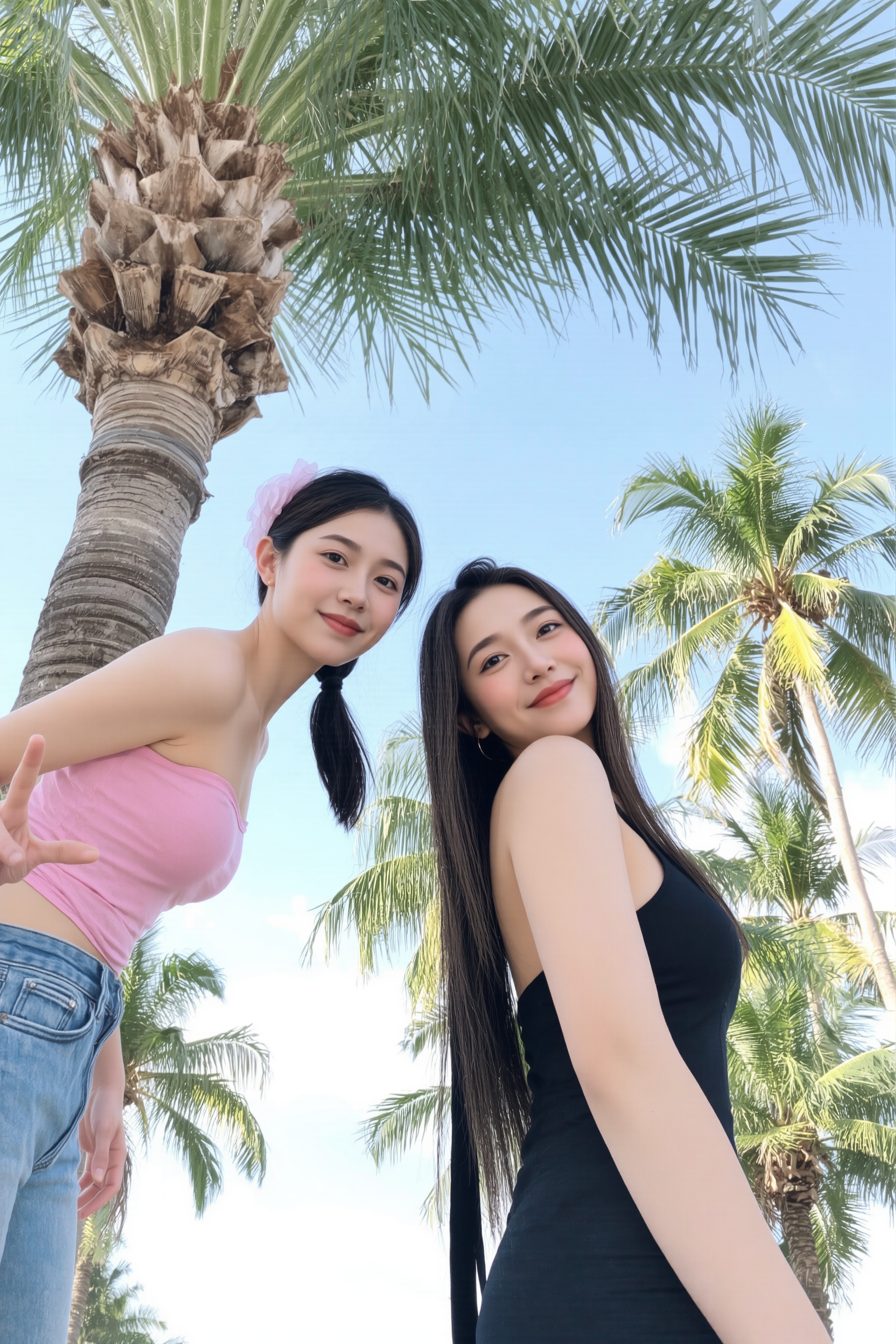 This is a clear,natural style photo. In the photo,there are two young women under the shade of palm trees. Both are smiling and seem to be in a good mood. The woman on the left is wearing a pink **** top and blue jeans,her hair tied into a ponytail,adorned with a pink flower accessory,and is giving a peace sign. The other woman is wearing a black halter top,her hair falling over one side,also giving a peace sign. Their expressions seem very happy,as if they are enjoying a wonderful time. The background is blue sky and palm trees,giving a relaxed and pleasant feeling.,