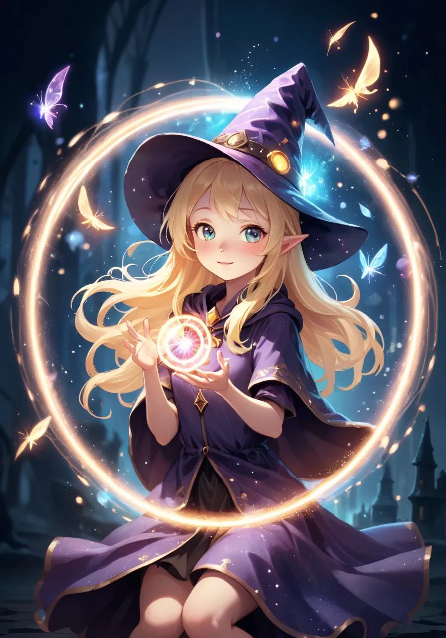 highres,  best quality,  young sorceress blonde girl wearing a wizard hat on Tensor.Art