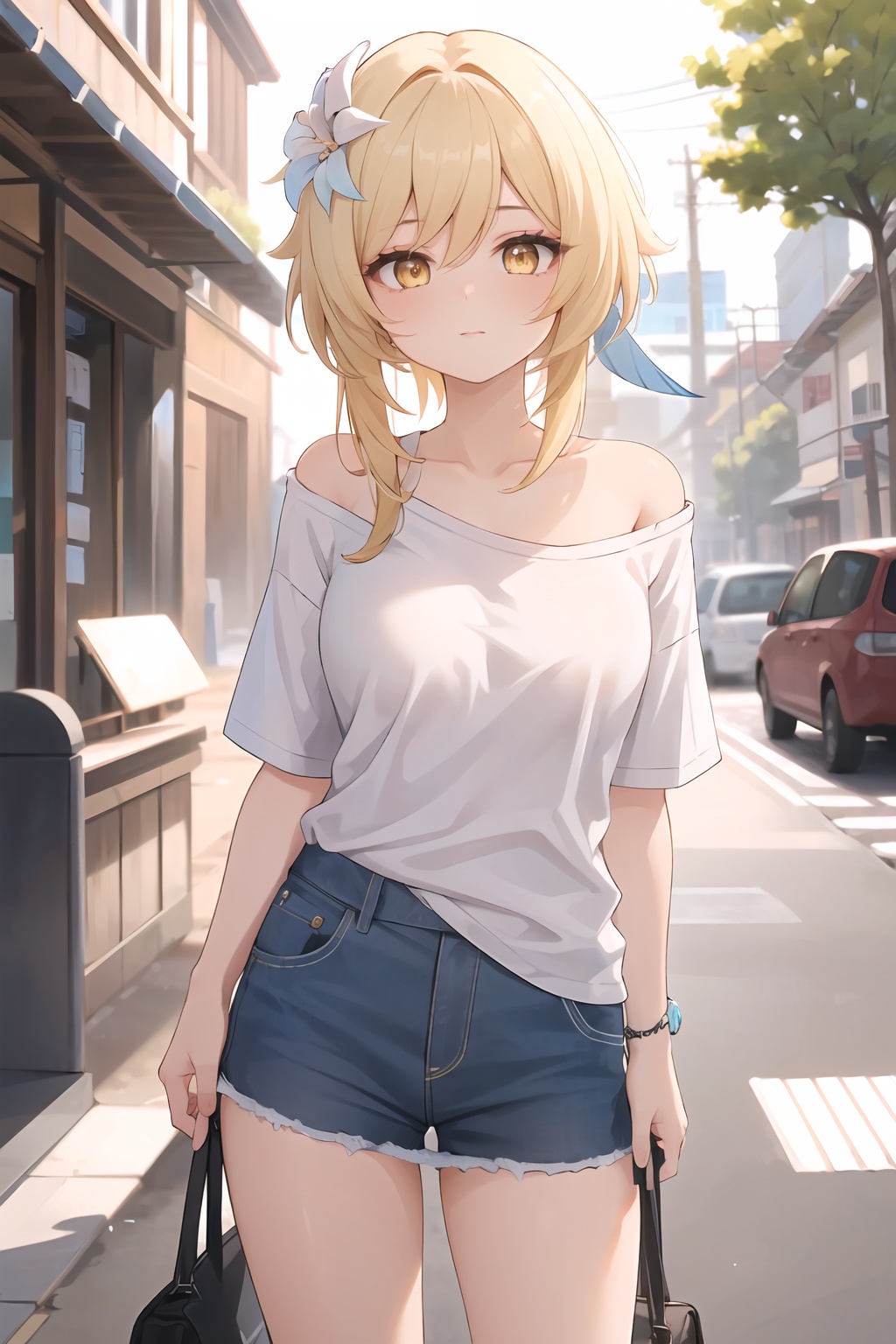 insanely detailed,absurdres,ultra-highres,ultra-detailed,best quality,slender,kawaii,perfect symmetrical face,ultra cute girl,ultra cute face,ultra detailed eyes,ultra detailed hair,ultra cute,ultra beautifu,1girl,lumine \(genshin impact\),solo,breasts,outdoors,yellow eyes,<lora:lumine-000008:0.6>,<lora:Concept_Oversized:0.8>,shirt,white shirt,collarbone,short sleeves,t-shirt,off shoulder,oversized shirt,naked shirt,oversized clothes,