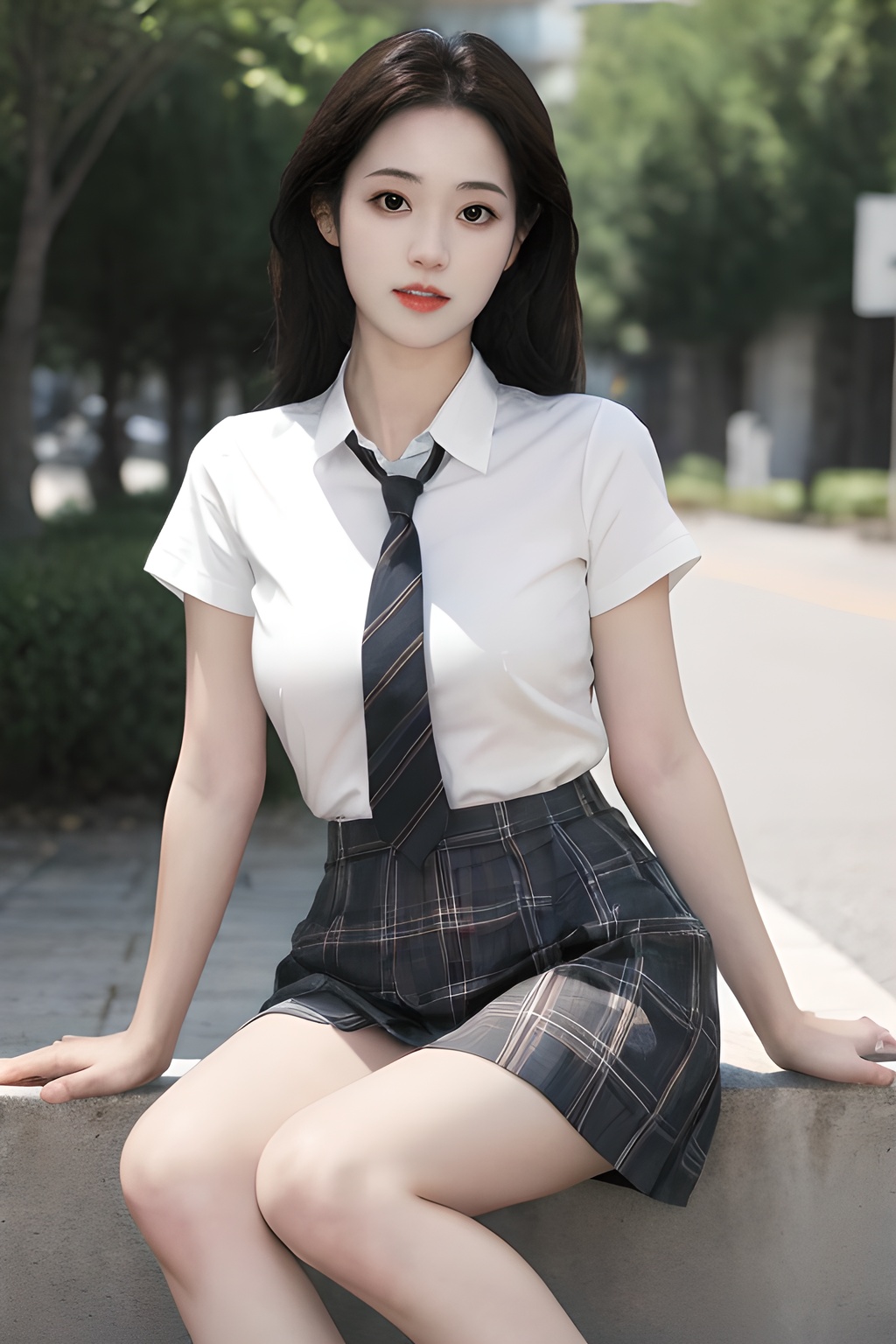 <lora:0827_10:0.7>simple background, 1girl,necktie,plaid skirt,short sleeved white shirt,white legwear,outdoors,looking at viewer,, 1girl,realistic,masterpiece, best quality, photorealistic, HDR,detail