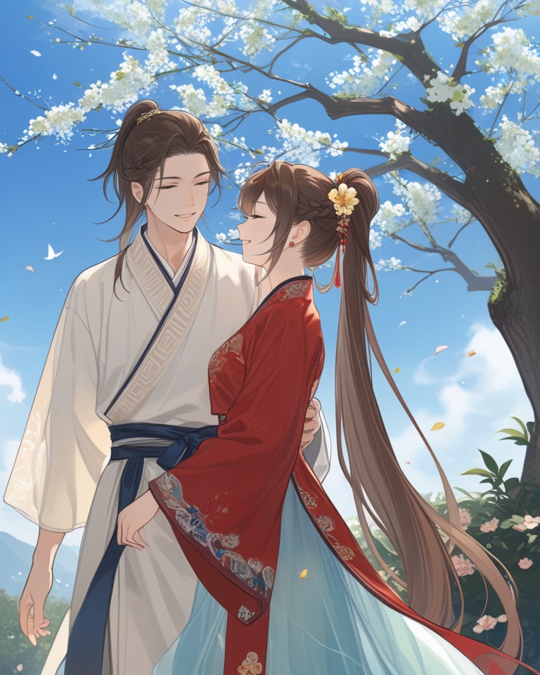 (best quality), ((masterpiece)), (highres), illustration, original, extremely detailed, <lora:Old wind:0.7>licg, 1girl, 1boy, tree, long hair, closed eyes, brown hair, hair ornament, hetero, flower, blue sky, outdoors, hair flower, sky, chinese clothes, braid, smile, ponytail, day, dress, long sleeves, couple, wide sleeves, branch