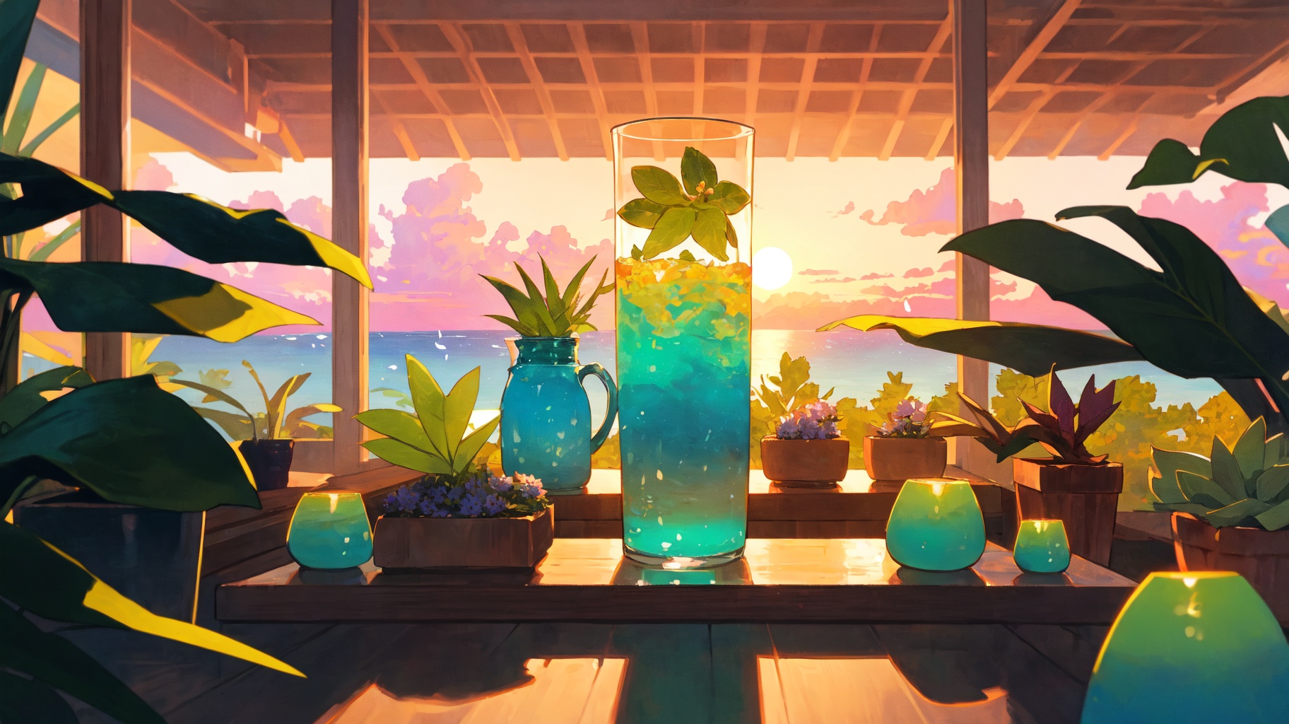 scenery,beautiful detailed sky,best shadow,depth of field,panorama,Cliff, Sea, Sunset, Yoga, Serenity, Relaxation,Orchid display, Tropical plants, Succulents, Humid air, Glass ceiling, Controlled lighting,(masterpiece, best quality, beautiful and aesthetic:1.3),illustration,extremely fine and beautiful,perfect details,<lora:lora-000012.by_tusi:AA>,vled_cyql,