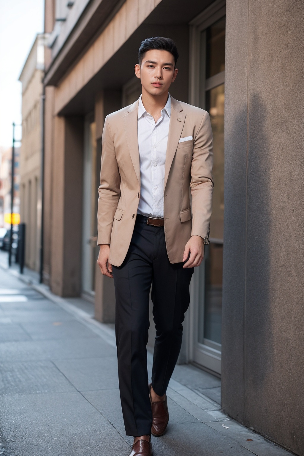 (1man:1.4),(male:1.2),(full body:1.2),(Collared shirt and blazer and suit trousers:1.4),<lora:Male_2:0.8>,