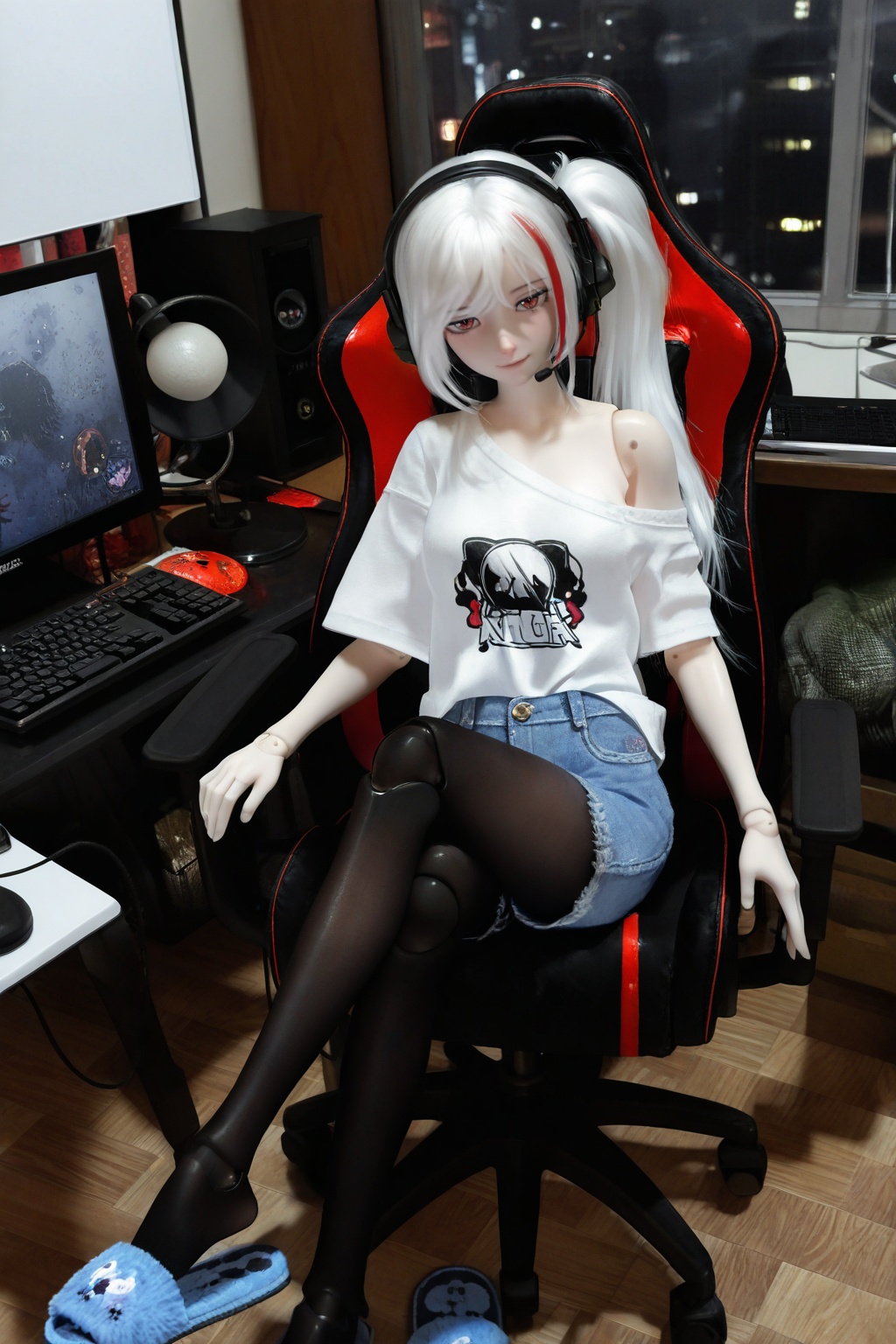 highres,absurdres,Visual impact,masterpiece,best quality,very aesthetic,newest,amazing quality,very awa,doll joints,joints,<lora:DOLL-Style:0.8>,\\,1girl,solo, red eyes,white hair,long hair,swept bangs,(red streaked hair),side ponytail,medium breast, white t-shirt,short sleeves,denim shorts,black pantyhose,single bare shoulder,headset,slippers,shoe dangle, (upper body),looking at viewer,jitome,knee up,sitting,smirk,light smile,crossed legs, indoors,gaming chair,desk,desk lamp,monitor,computer mouse,computer keyboard,window,